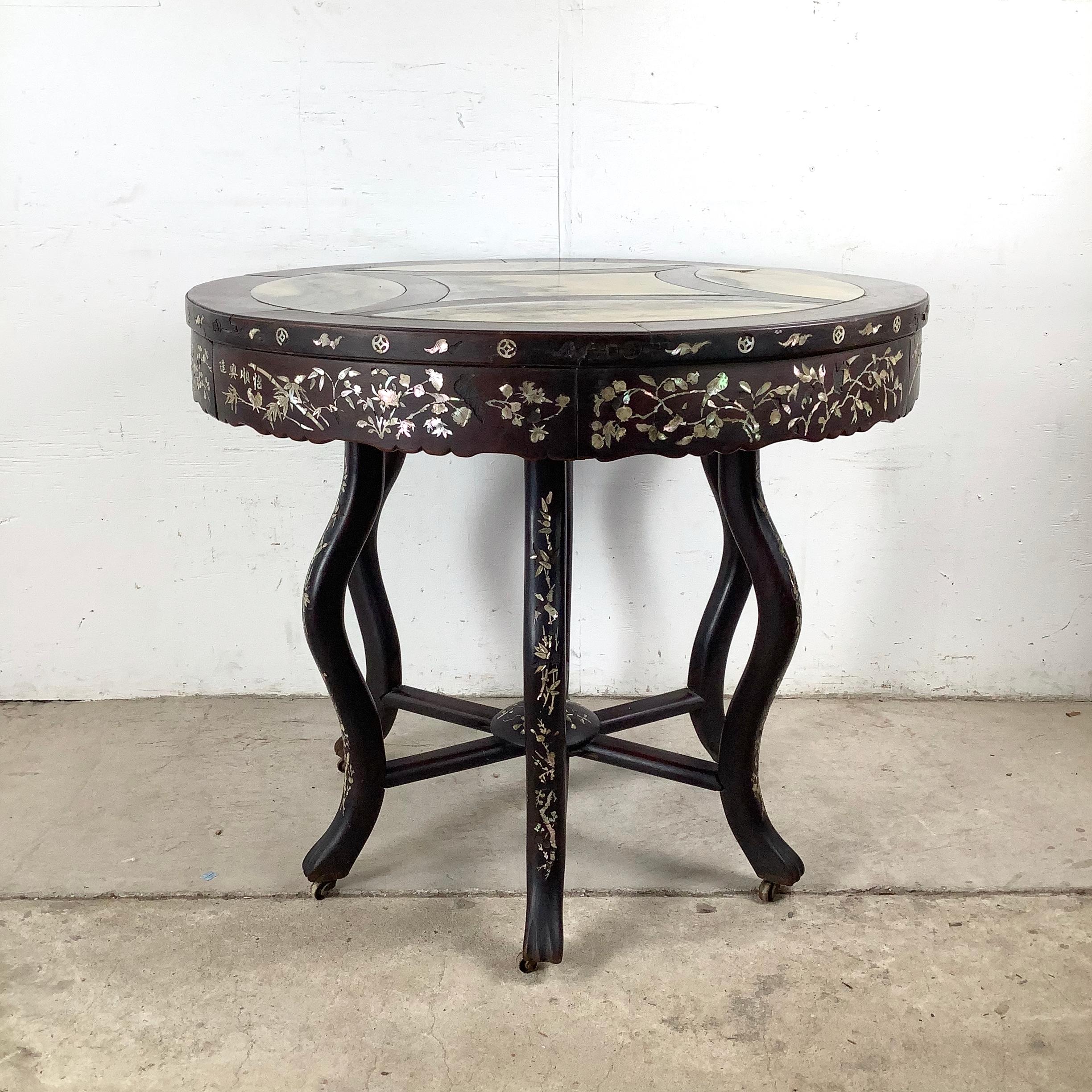 Unknown Antique Asian Center Table With Decorative Pearl Inlay and Stone Top For Sale