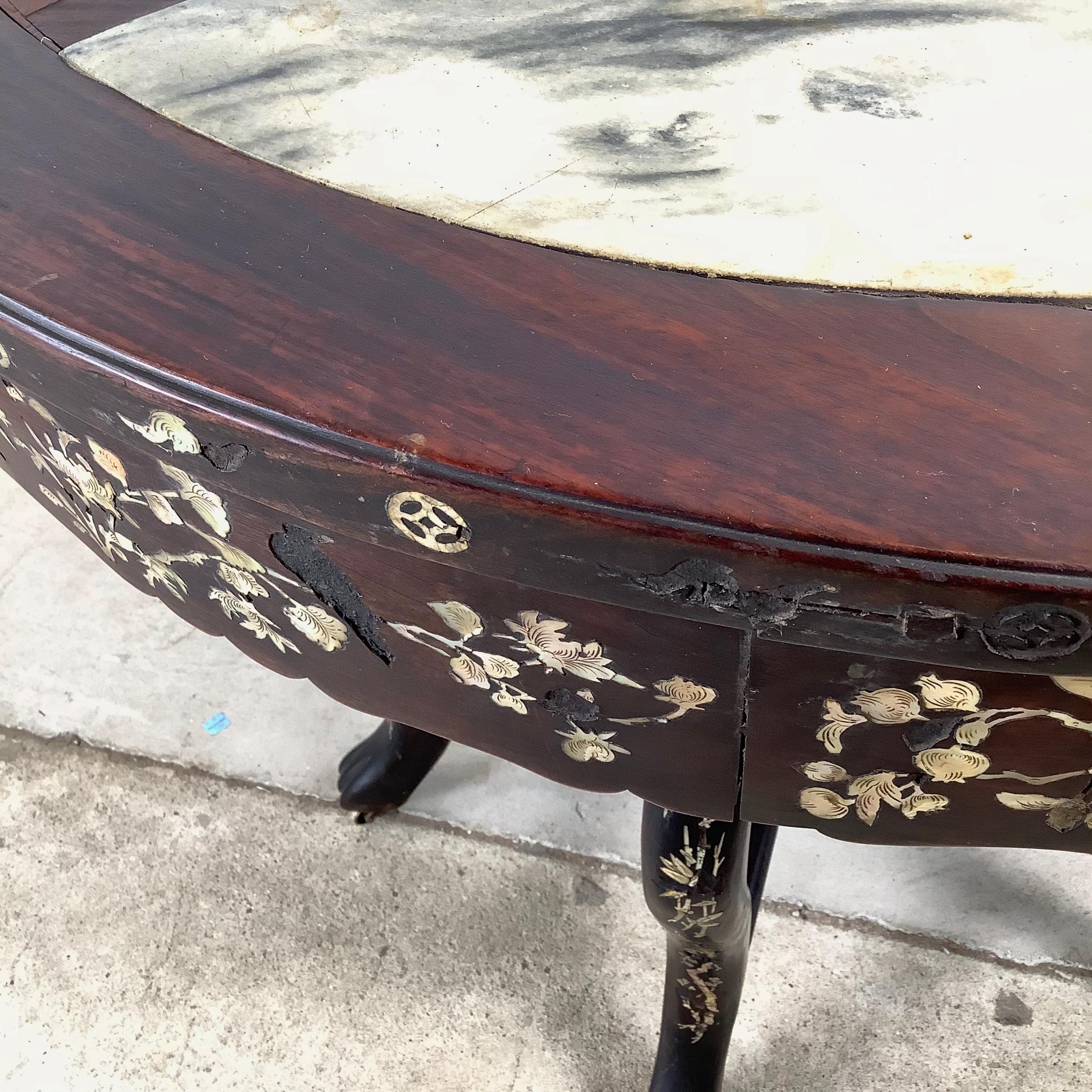 Other Antique Asian Center Table With Decorative Pearl Inlay and Stone Top For Sale