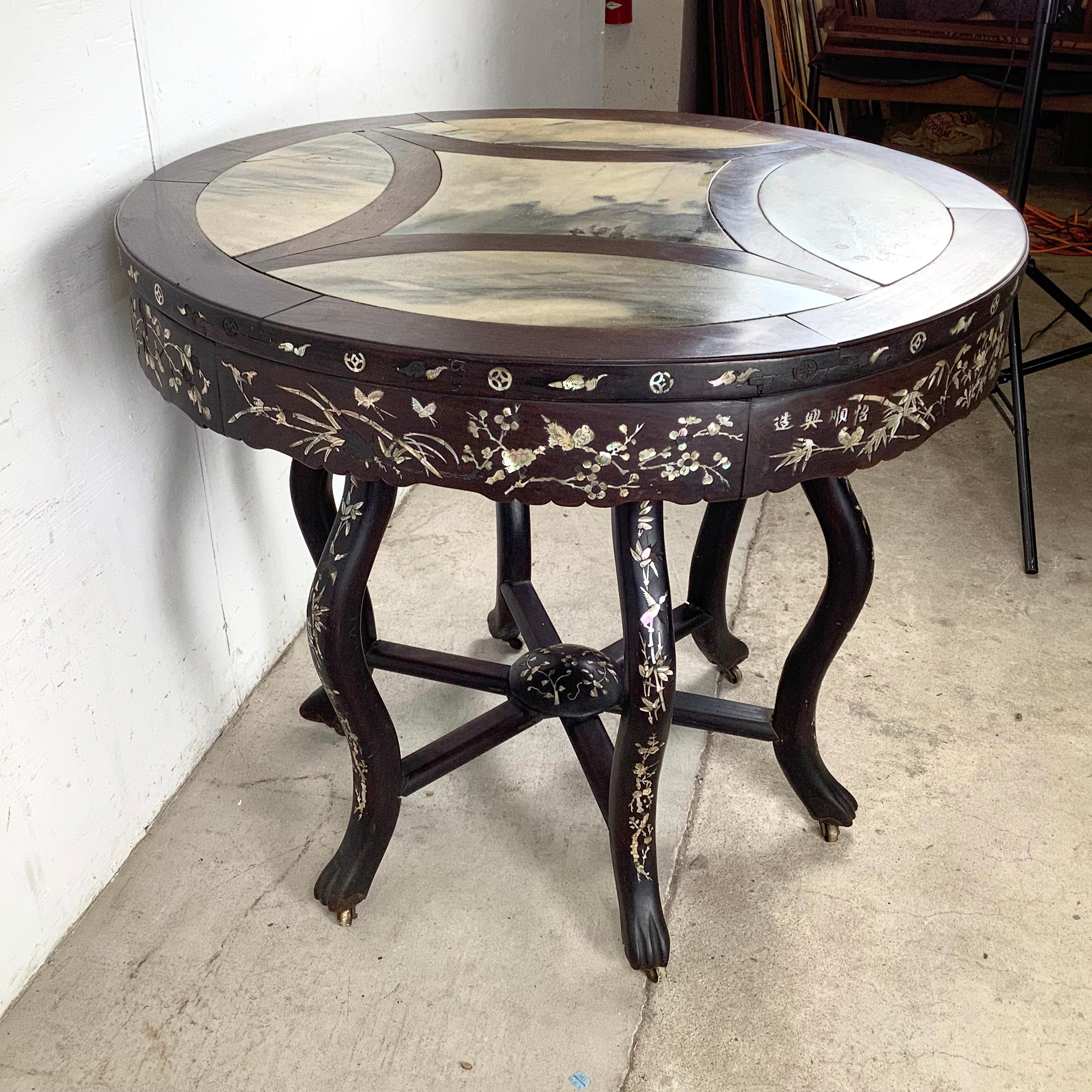 20th Century Antique Asian Center Table With Decorative Pearl Inlay and Stone Top For Sale