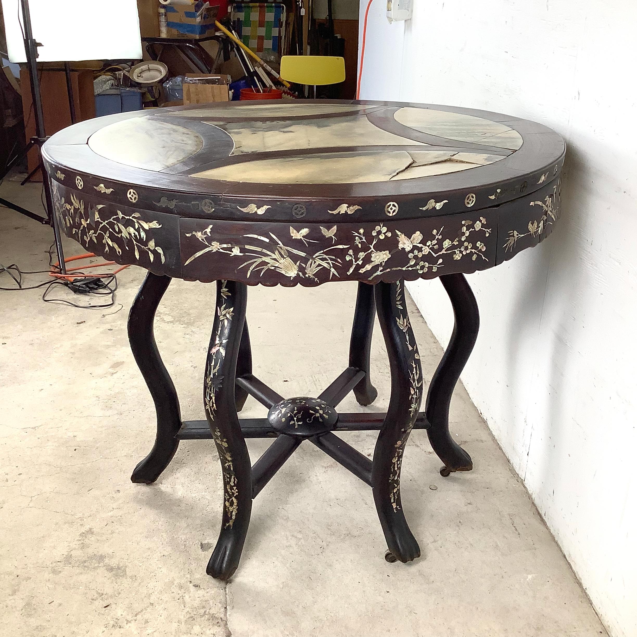 Antique Asian Center Table With Decorative Pearl Inlay and Stone Top For Sale 2