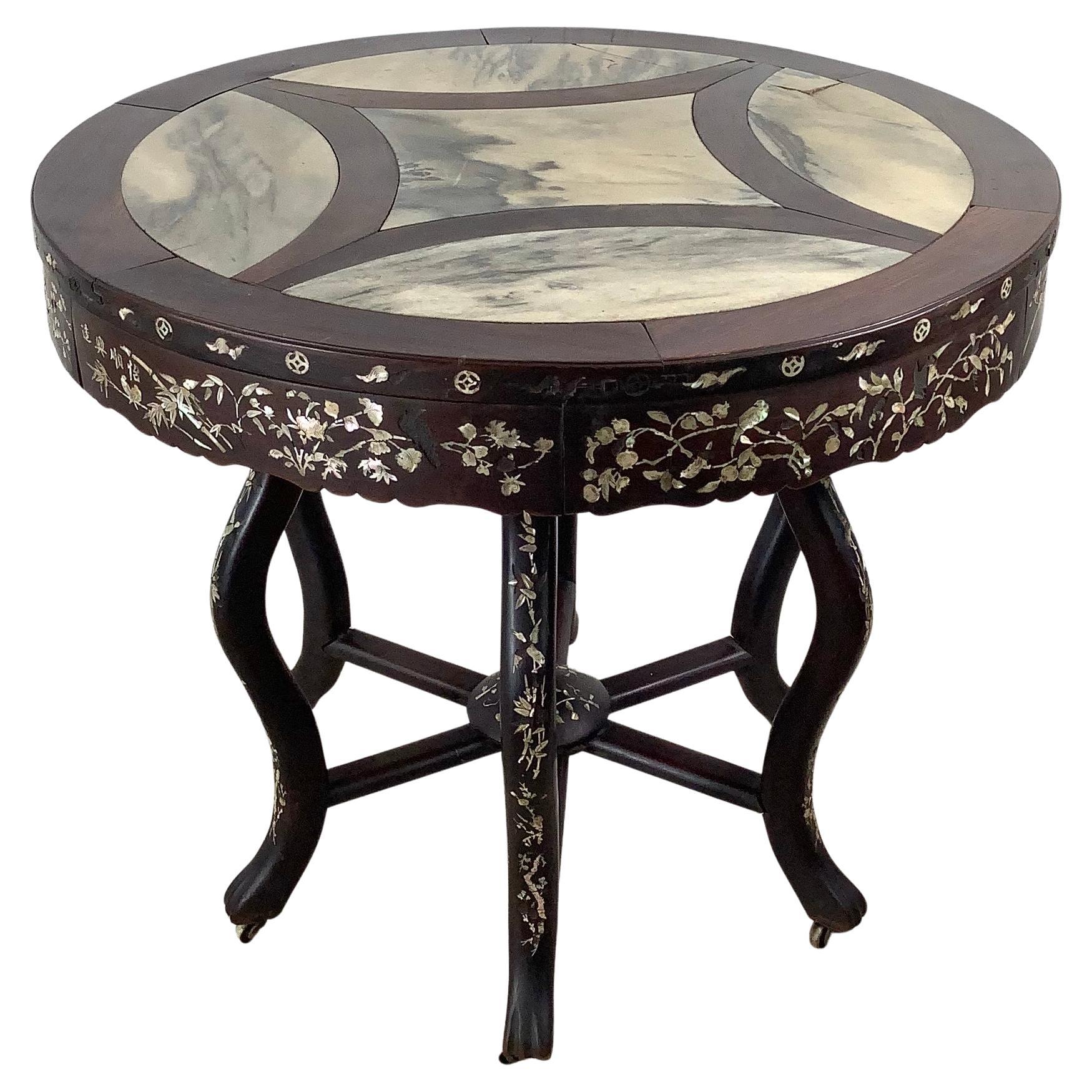 Antique Asian Center Table With Decorative Pearl Inlay and Stone Top