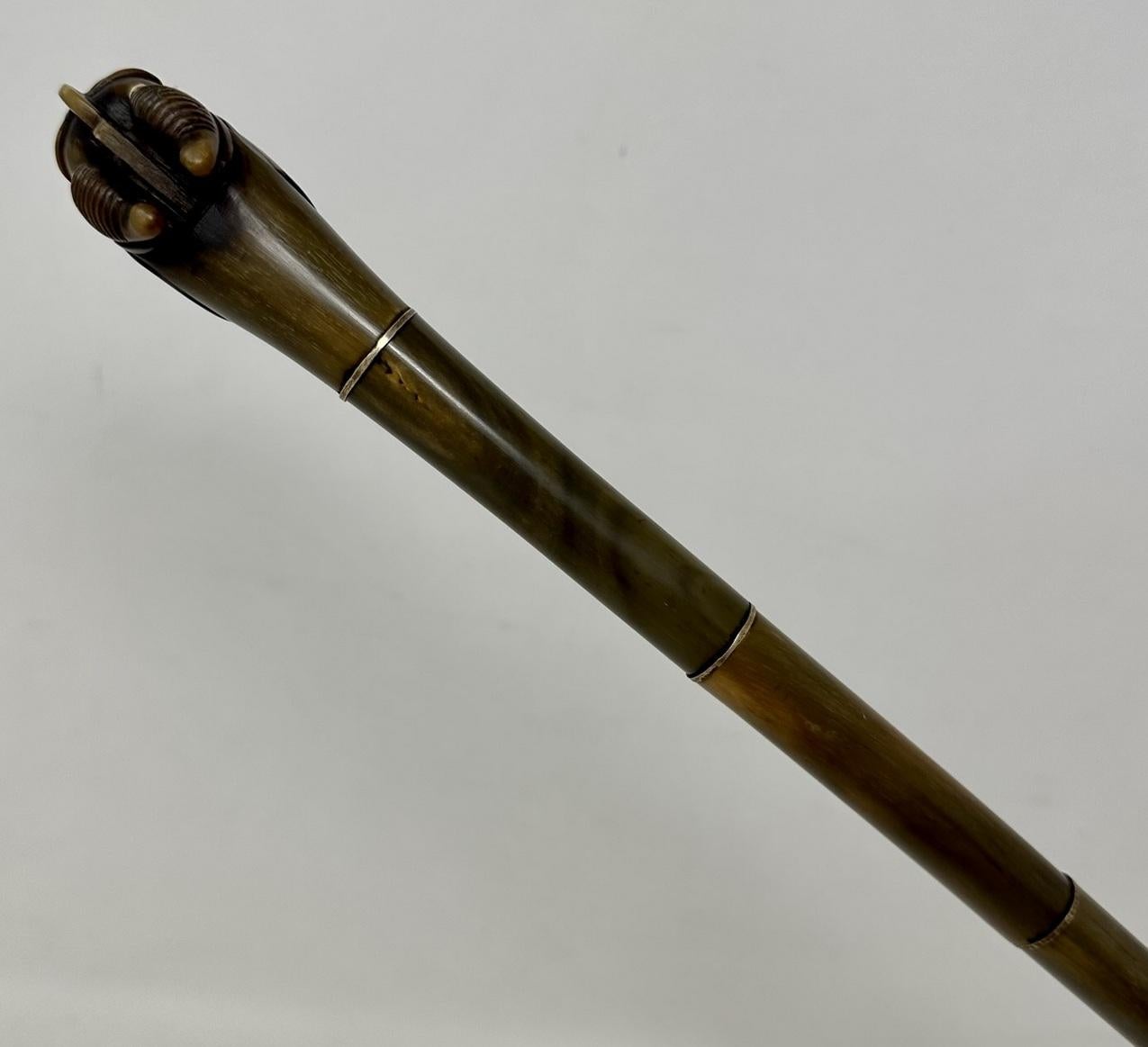 19th Century Antique Asian Chinese Horn Dragons Head Victorian Vintage Walking Stick Cane For Sale