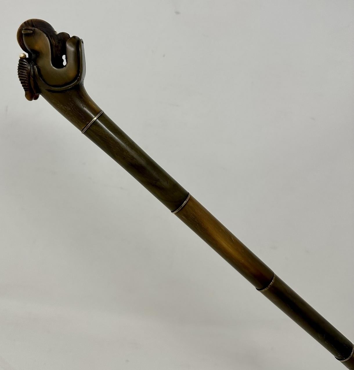 Antique Asian Chinese Horn Dragons Head Victorian Vintage Walking Stick Cane For Sale 1
