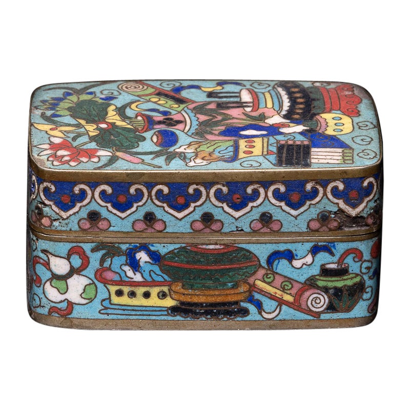 Antique Asian Chinese Opium Box Cloisonné Enamel, Tobacco Snuff Box Floral Motif