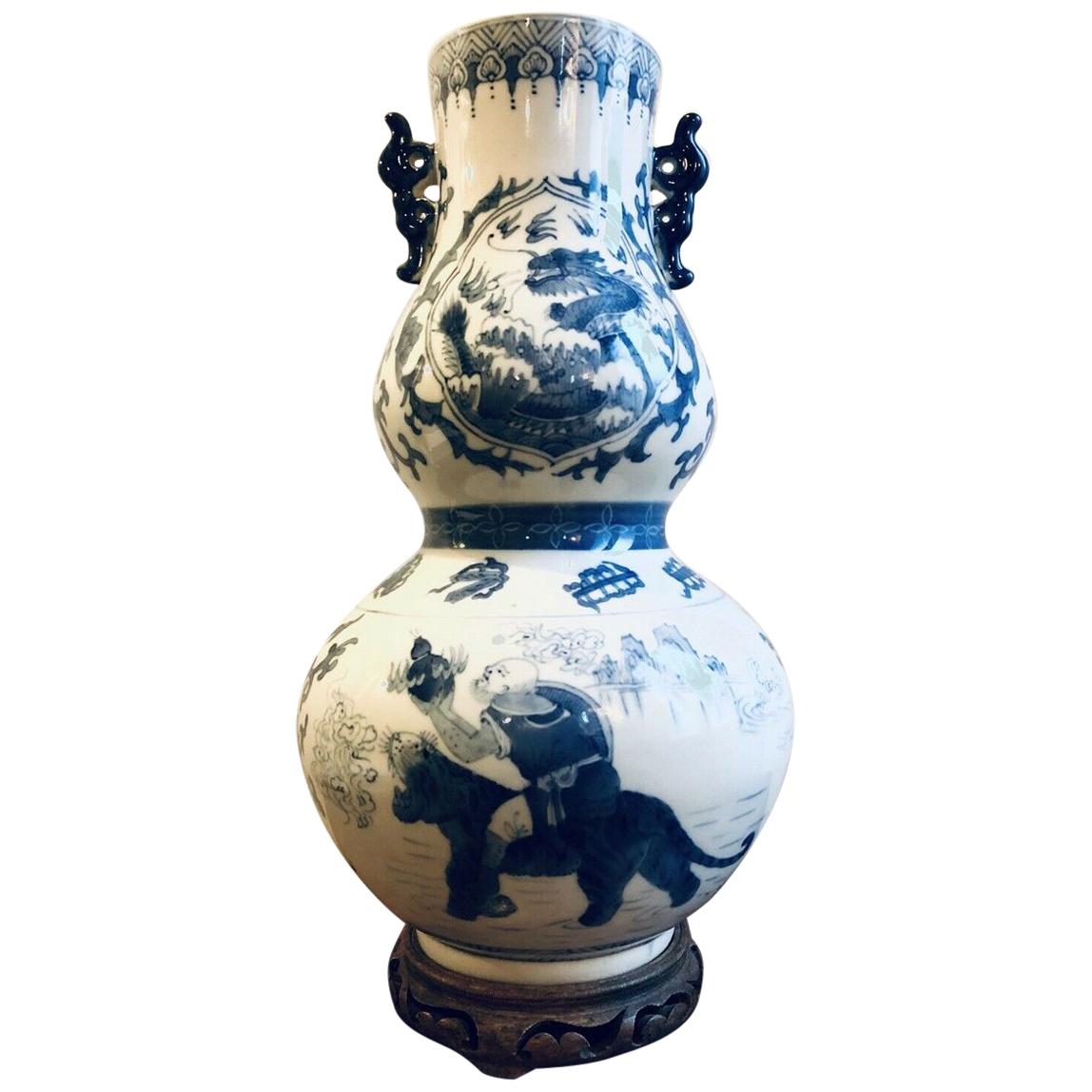 Antique Asian Chinese Porcelain Blue White Gourd Vase Tongzhi Period, 1856-1875