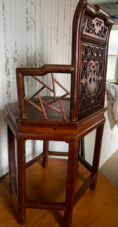 Antique Asian Chinese Style Carved Hexagonal Petit Delicate Small Chair w/Arms