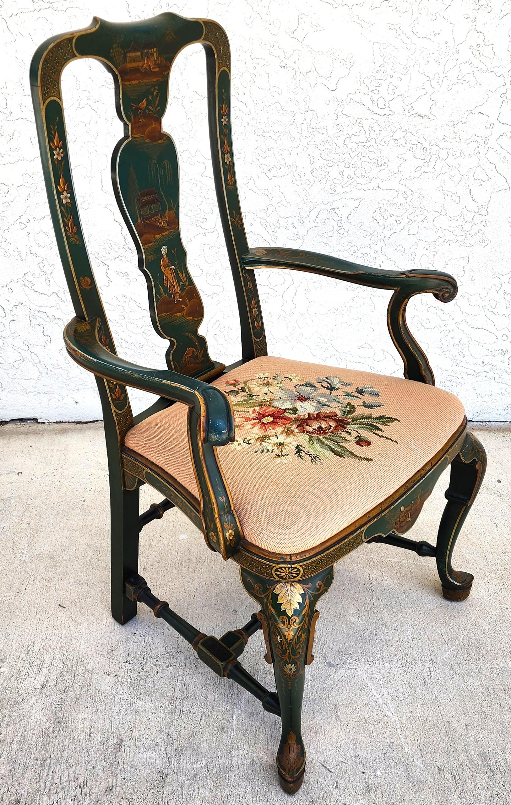 Fauteuil Queen Anne ancien décoré de chinoiseries, vers 1930 en vente 3