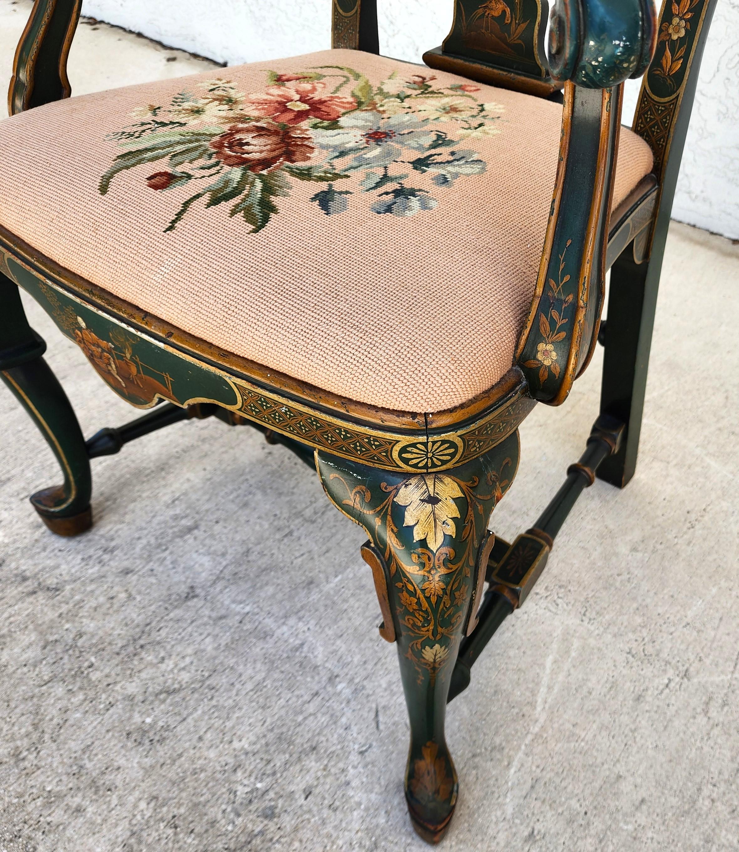 Fauteuil Queen Anne ancien décoré de chinoiseries, vers 1930 en vente 2