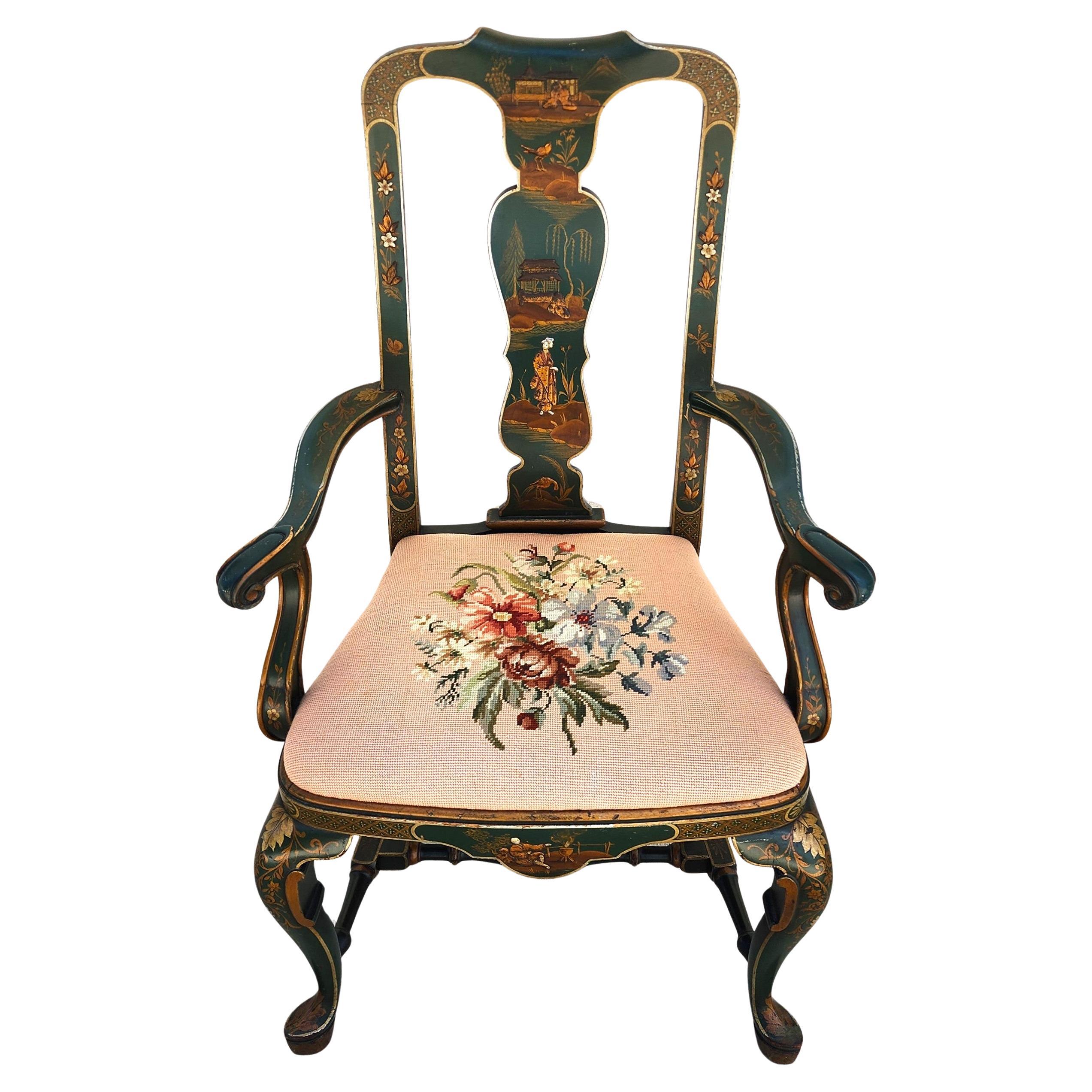 Antique Chinoiserie Decorated Queen Anne Arm Chair ca 1930