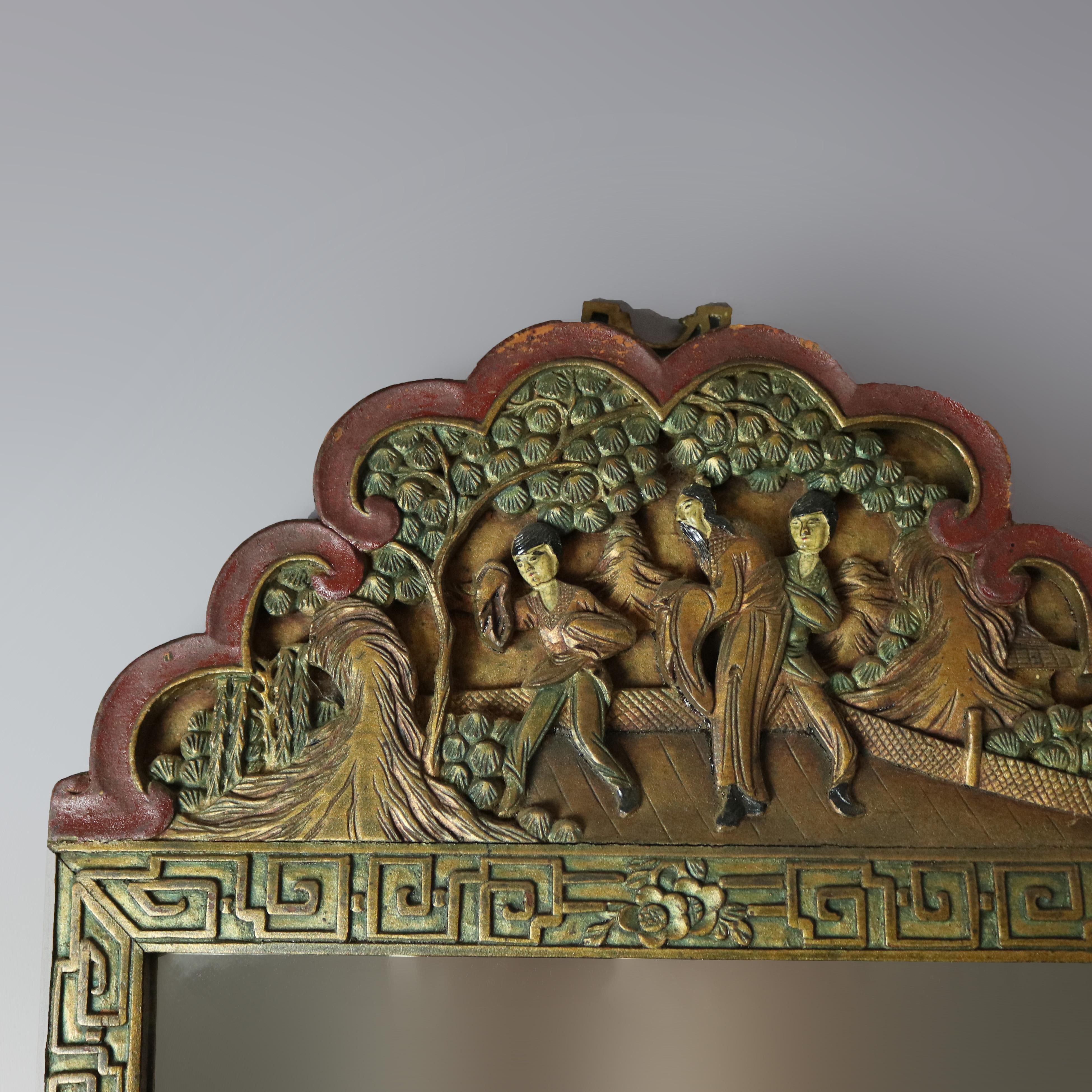 An antique Asian Chinoiserie decorated wall mirror offers carved and polychromed hardwood frame with genre scenes in relief and foliate elements throughout, beveled mirror, 20th century

Measures: 28.5