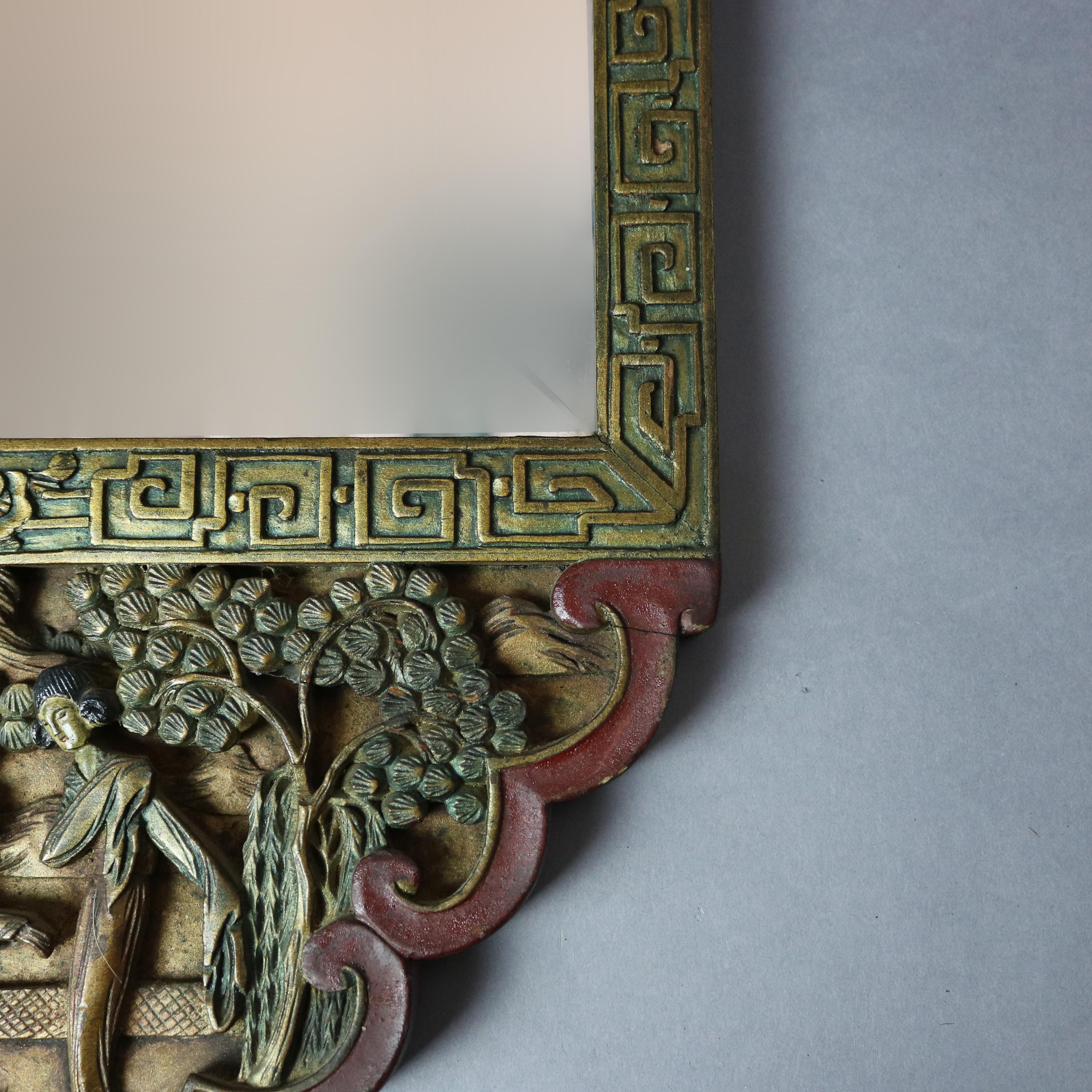 Cast Antique Asian Chinoiserie Decorated Carved in Relief & Polychromed Mirror 20th C For Sale