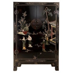 Antique Asian Chinoiserie Style Cabinet With Semi-Precious Stone Inlay