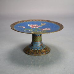 Antique Asian Cloisonne Enameled Compote with Garden Flowers & Dragonfly C1920