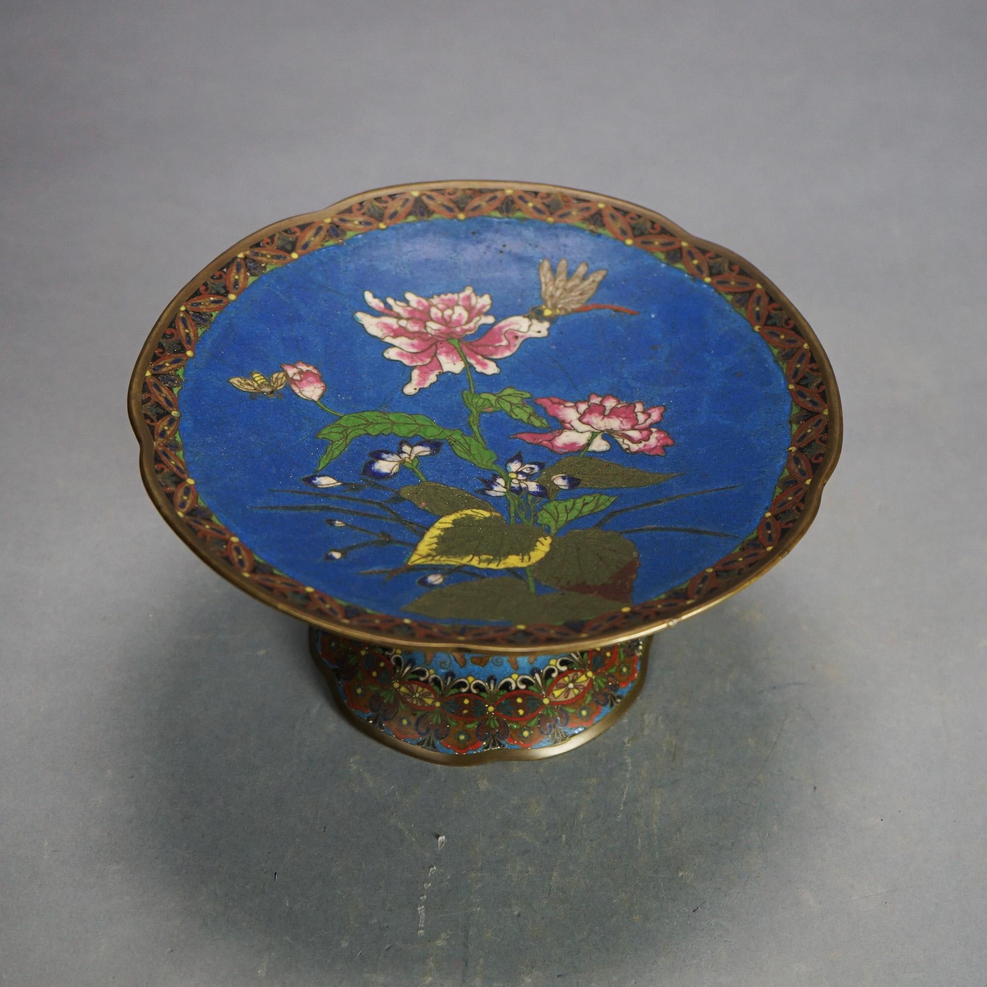 Antique Asian Cloisonne Enameled Compote with Garden Flowers & Dragonfly C1920 In Good Condition In Big Flats, NY