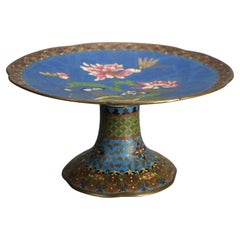Antique Asian Cloisonne Enameled Compote with Garden Flowers & Dragonfly C1920