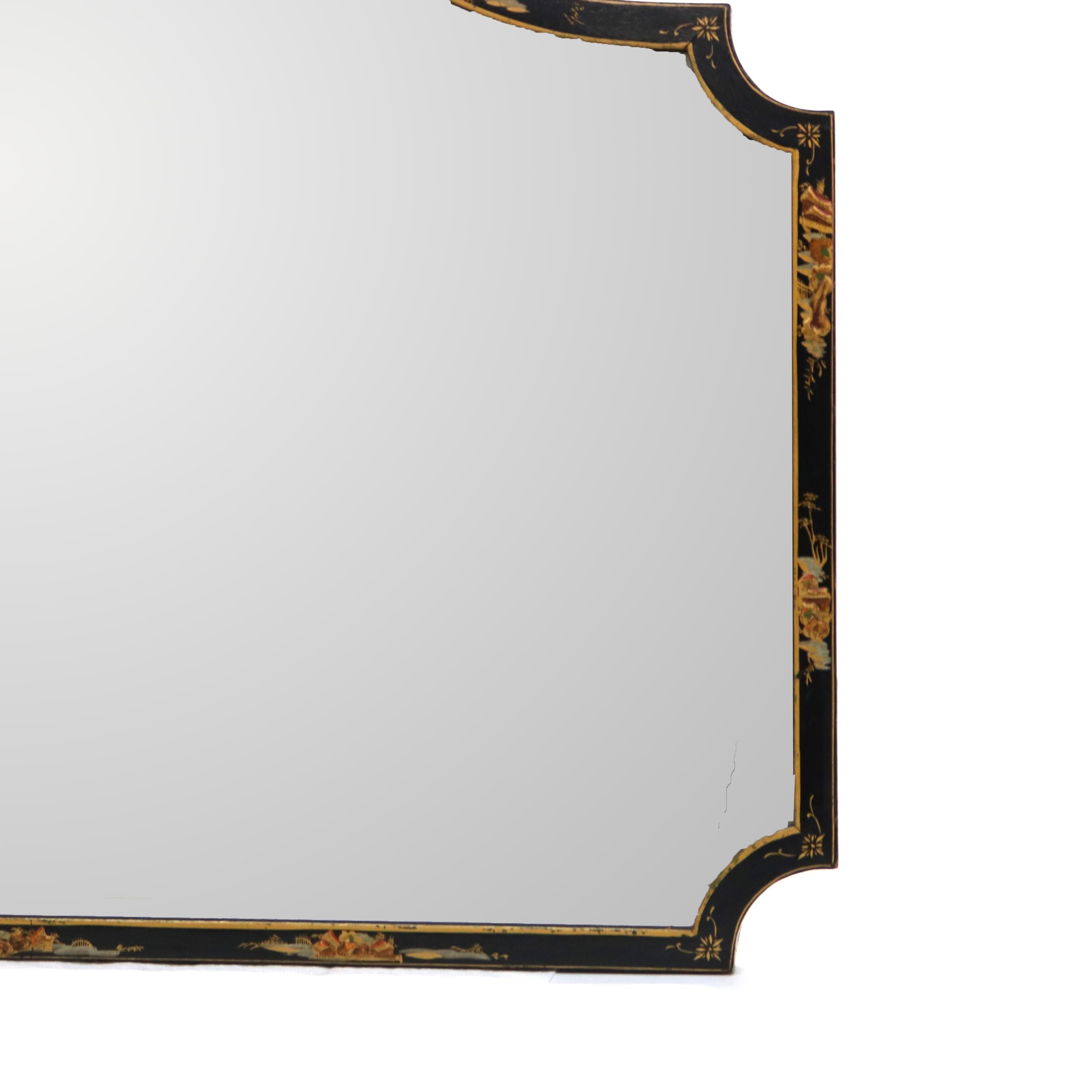 Antique Asian Ebonized & Chinoiserie Mirror C1930 In Good Condition For Sale In Big Flats, NY