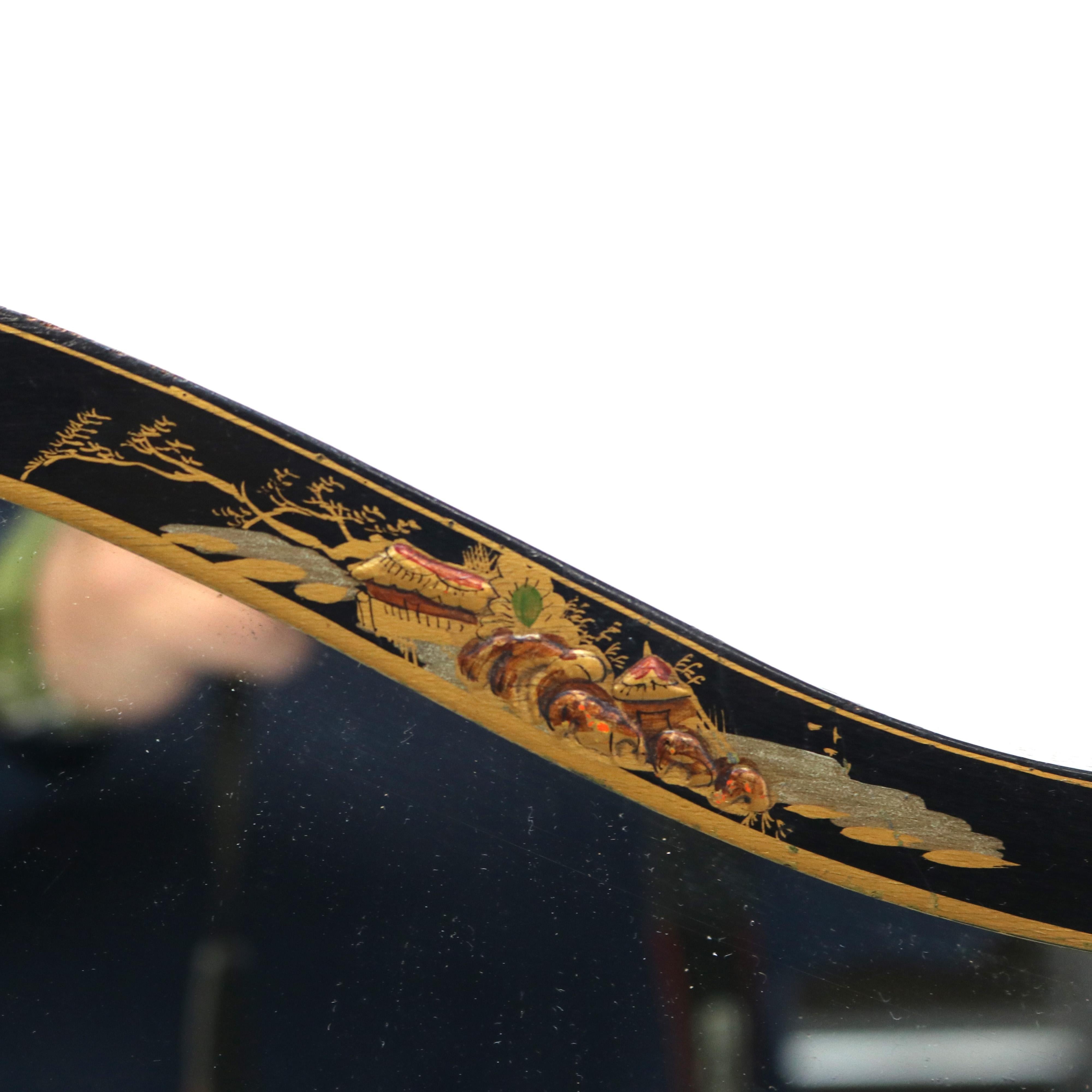 20th Century Antique Asian Ebonized & Chinoiserie Mirror C1930 For Sale