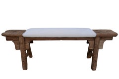 Panchina antica in olmo asiatico con rivestimento in lino naturale francese vintage filato a mano