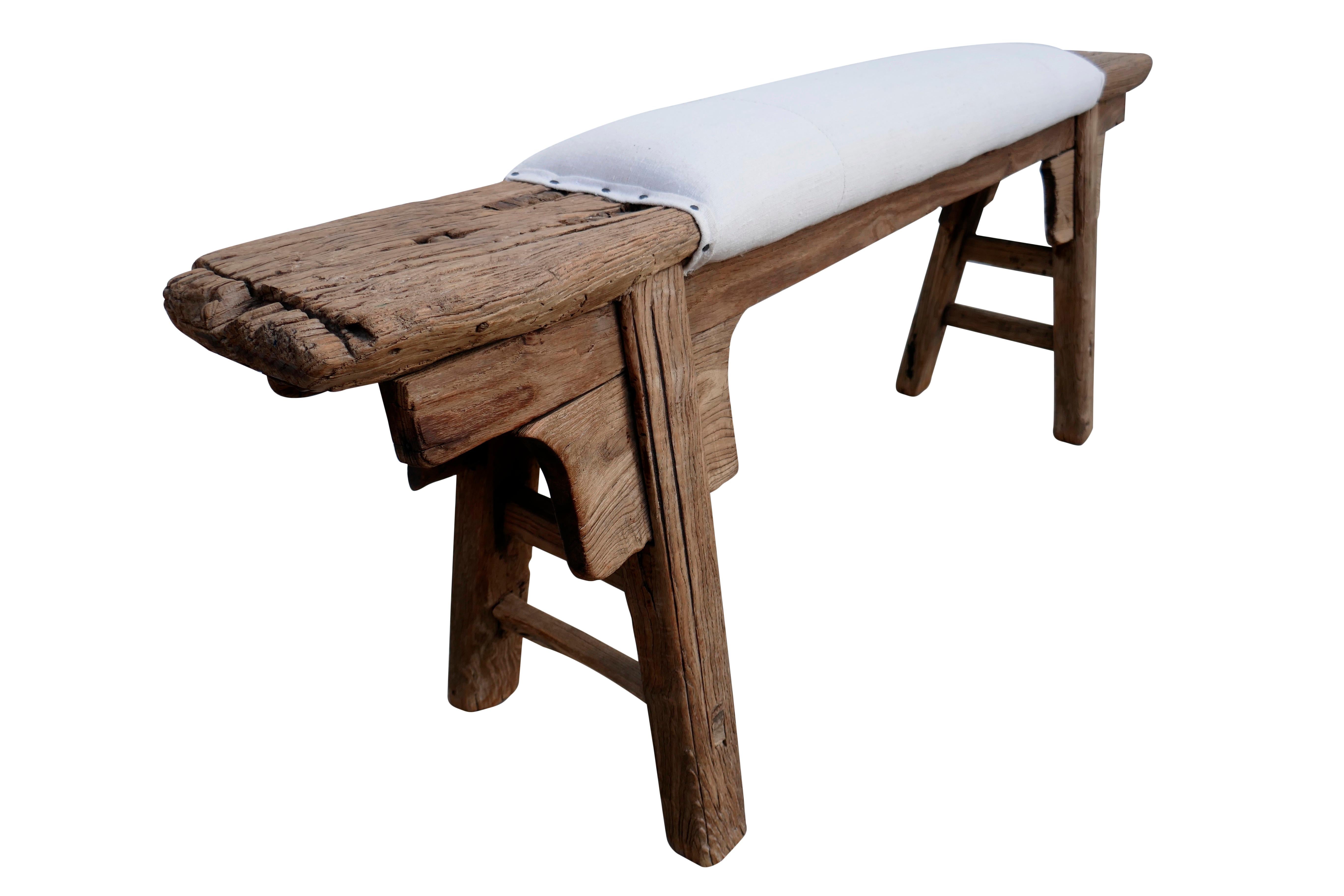Chinese Antique Asian Elm Bench w/ Vintage French Hand-Spun Natural Linen For Sale