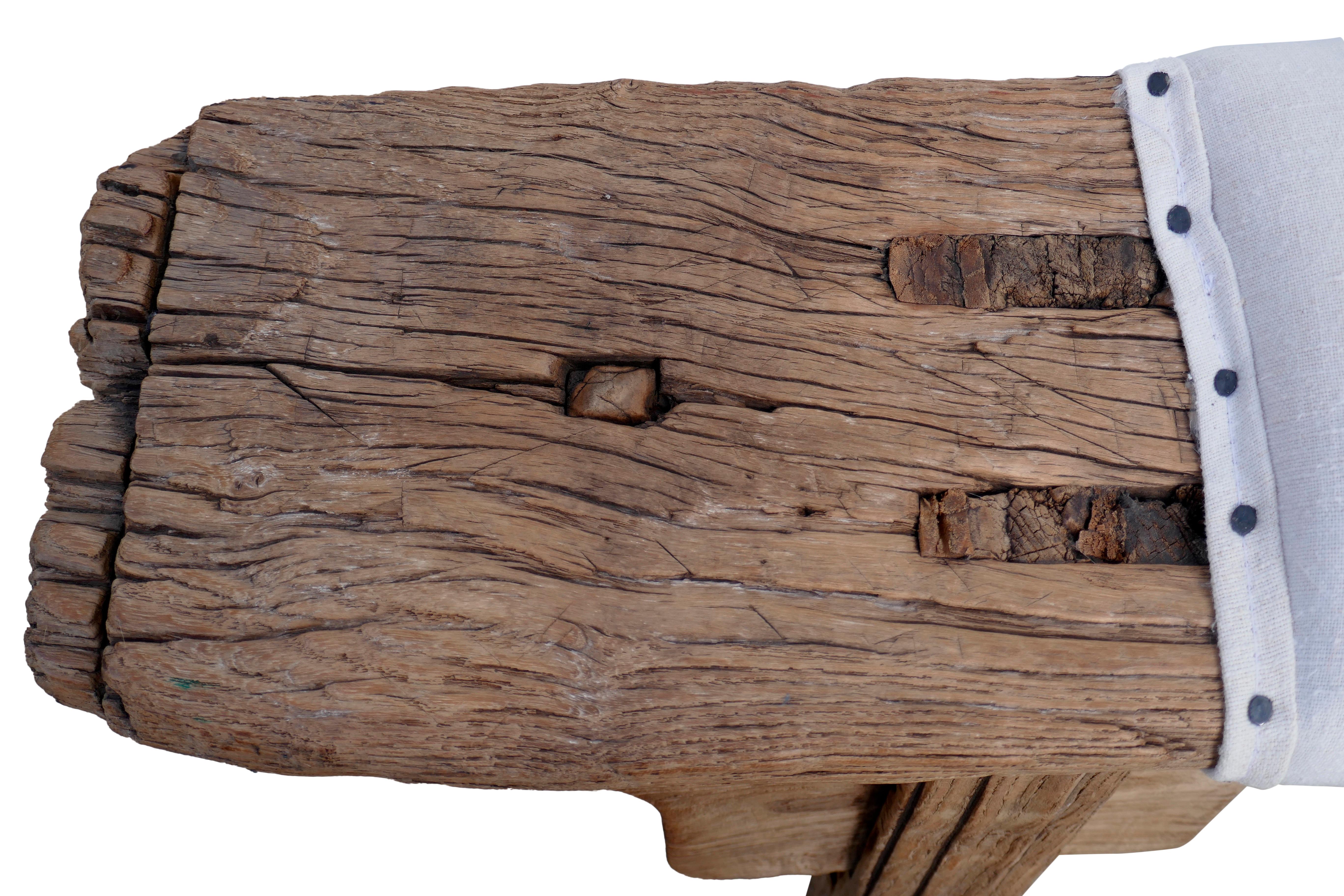 19th Century Antique Asian Elm Bench w/ Vintage French Hand-Spun Natural Linen For Sale