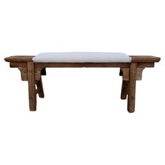 Antique Asian Elm Bench w/ Vintage French Hand-Spun Natural Linen