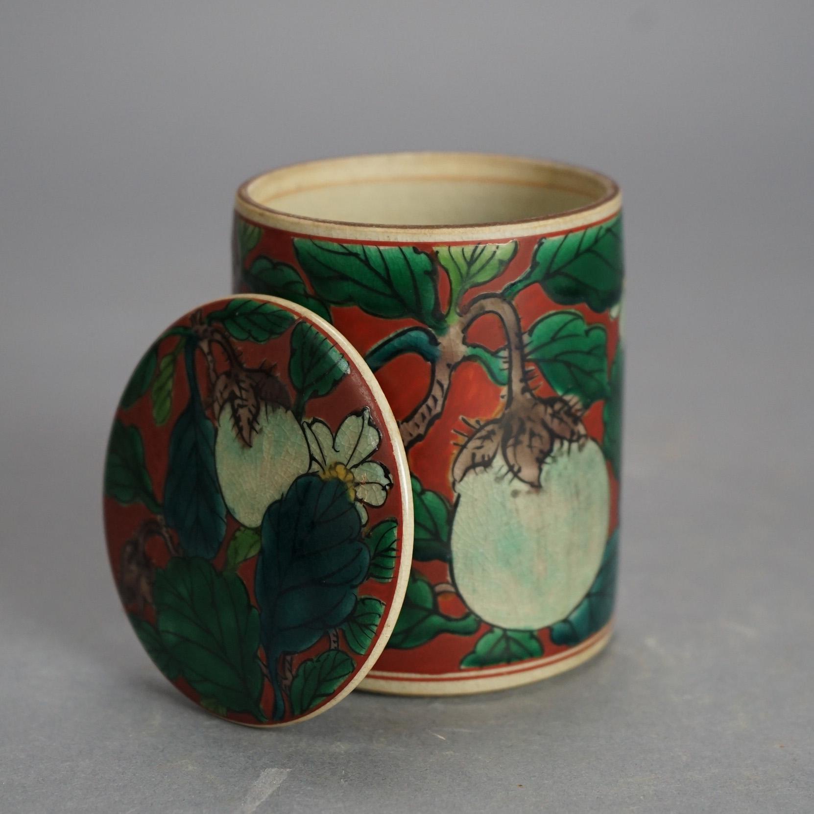 Antique Asian Enameled Hand Painted Porcelain Tea Canister with Fruit C1920 In Good Condition For Sale In Big Flats, NY