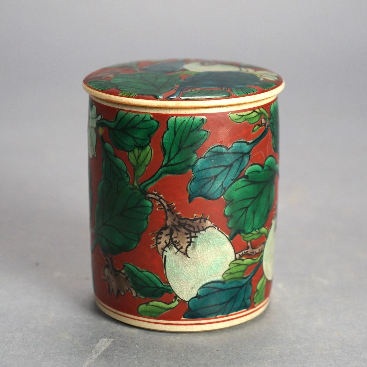 20th Century Antique Asian Enameled Hand Painted Porcelain Tea Canister with Fruit C1920 For Sale