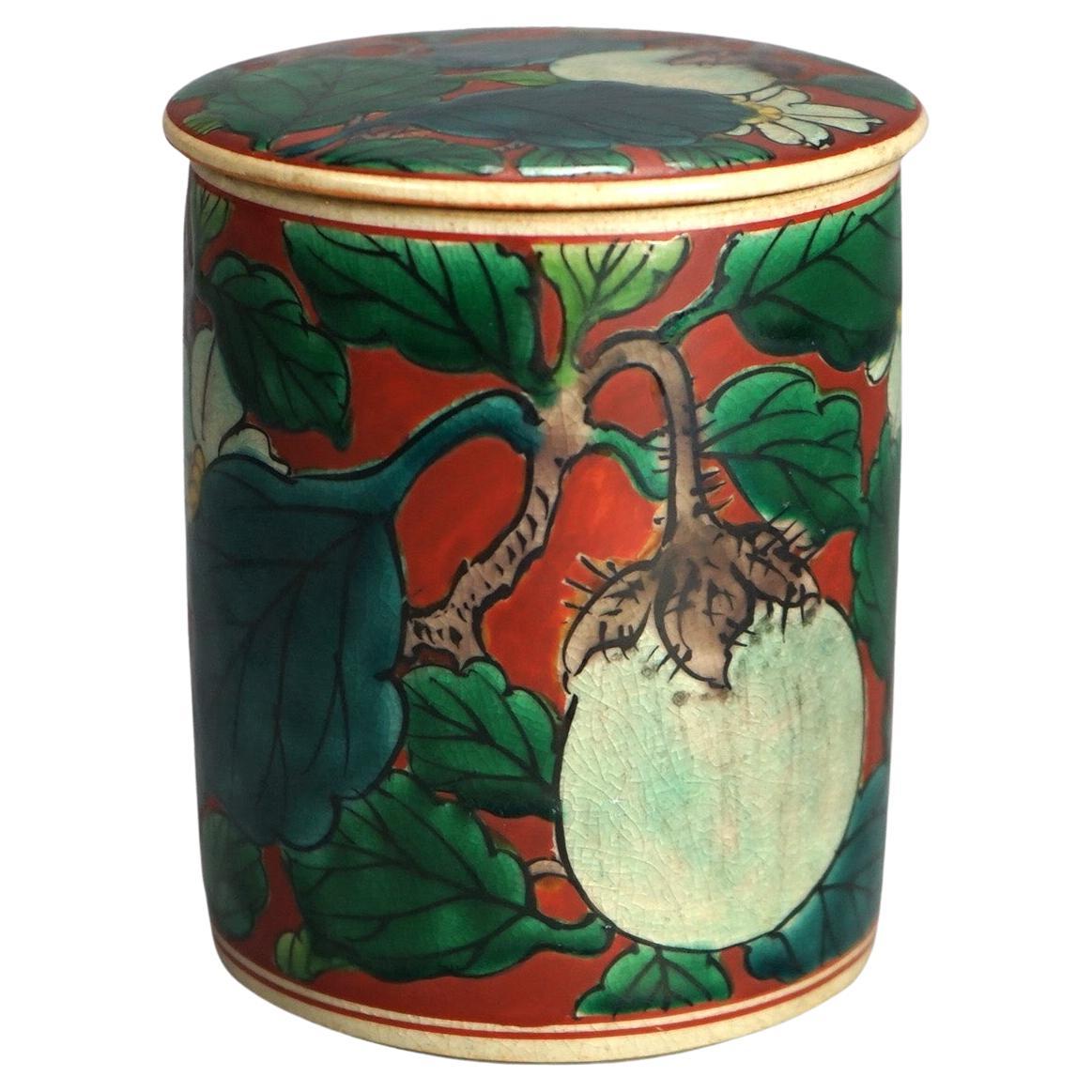 Antique Asian Enameled Hand Painted Porcelain Tea Canister with Fruit C1920 For Sale