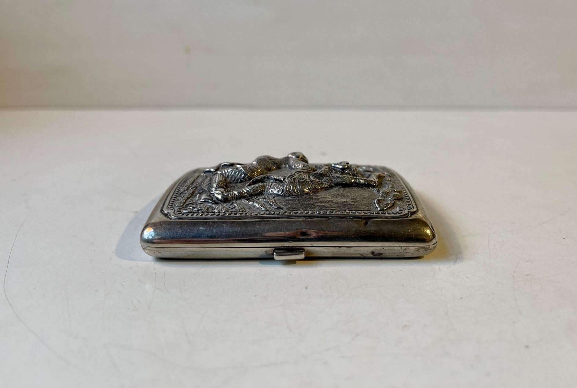 19th Century Antique Asian Export Silver Cigarette Case with Battlescene For Sale