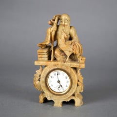 Antique Asian Figural Carved Soapstone Buddha Clock, Circa 1920