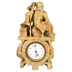 Antique Asian Figural Carved Soapstone Buddha Clock, Circa 1920