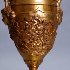 Antique Asian Figural Gilt Bronze Urn Form Table Lamp, Battle Scene, c1890