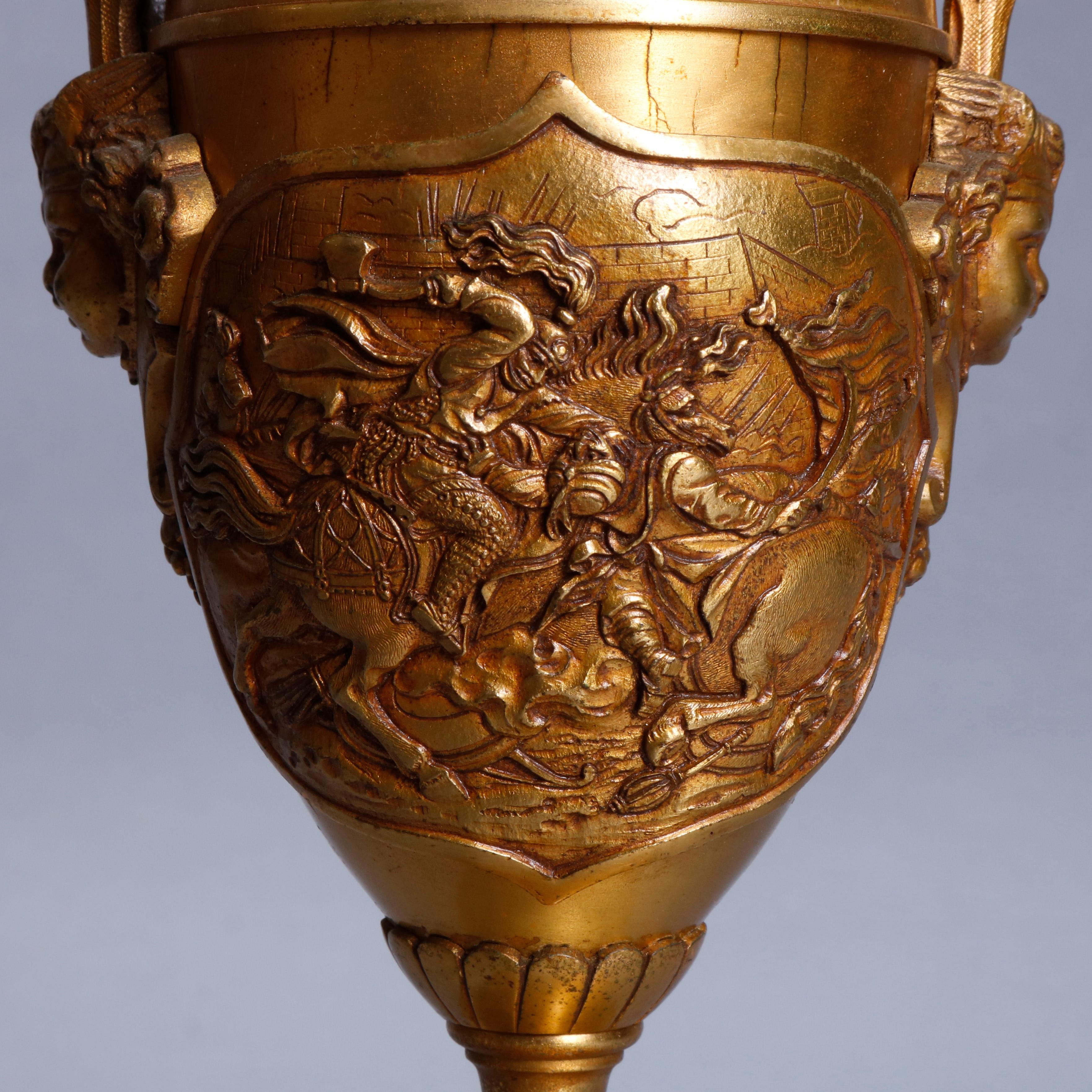 American Antique Asian Figural Gilt Bronze Urn Form Table Lamp, Battle Scene, c1890 For Sale