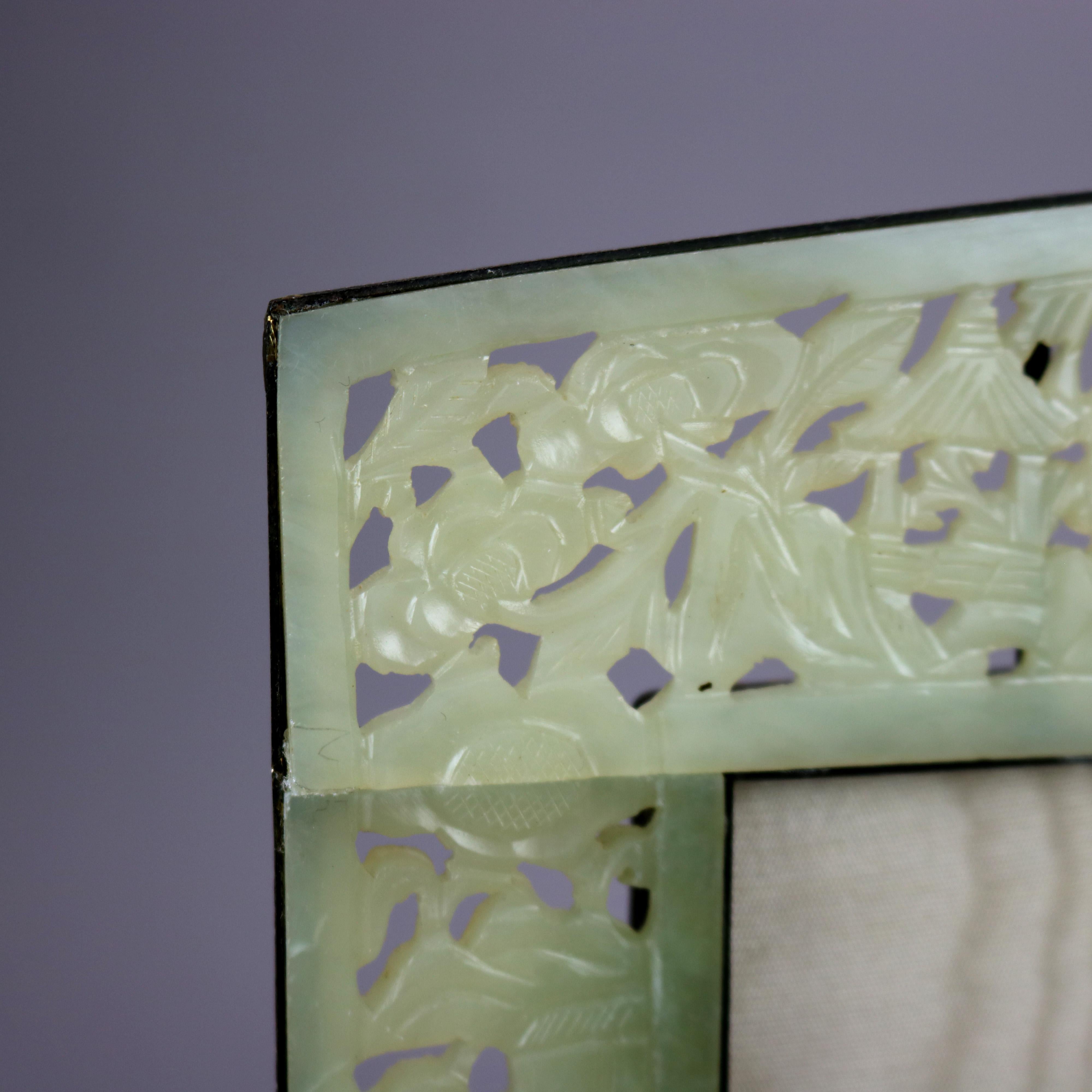 Antique Asian Foliate Carved Jade Photo Frame with Birds, Circa 1900 In Good Condition In Big Flats, NY