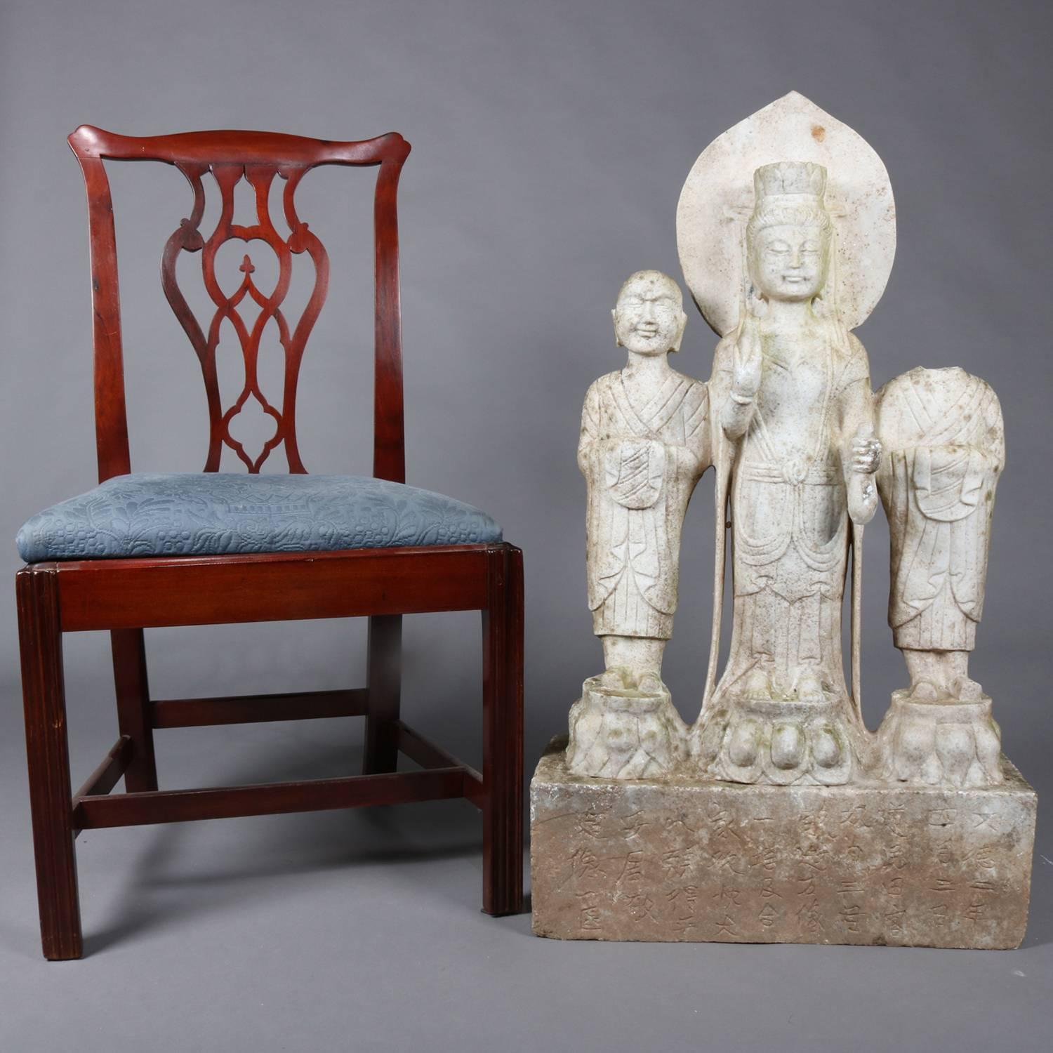 Antique Asian carved marble sculpture features three standing Buddhas on rectangular plinth, outdoor garden statues, 19th century

Measures: 36