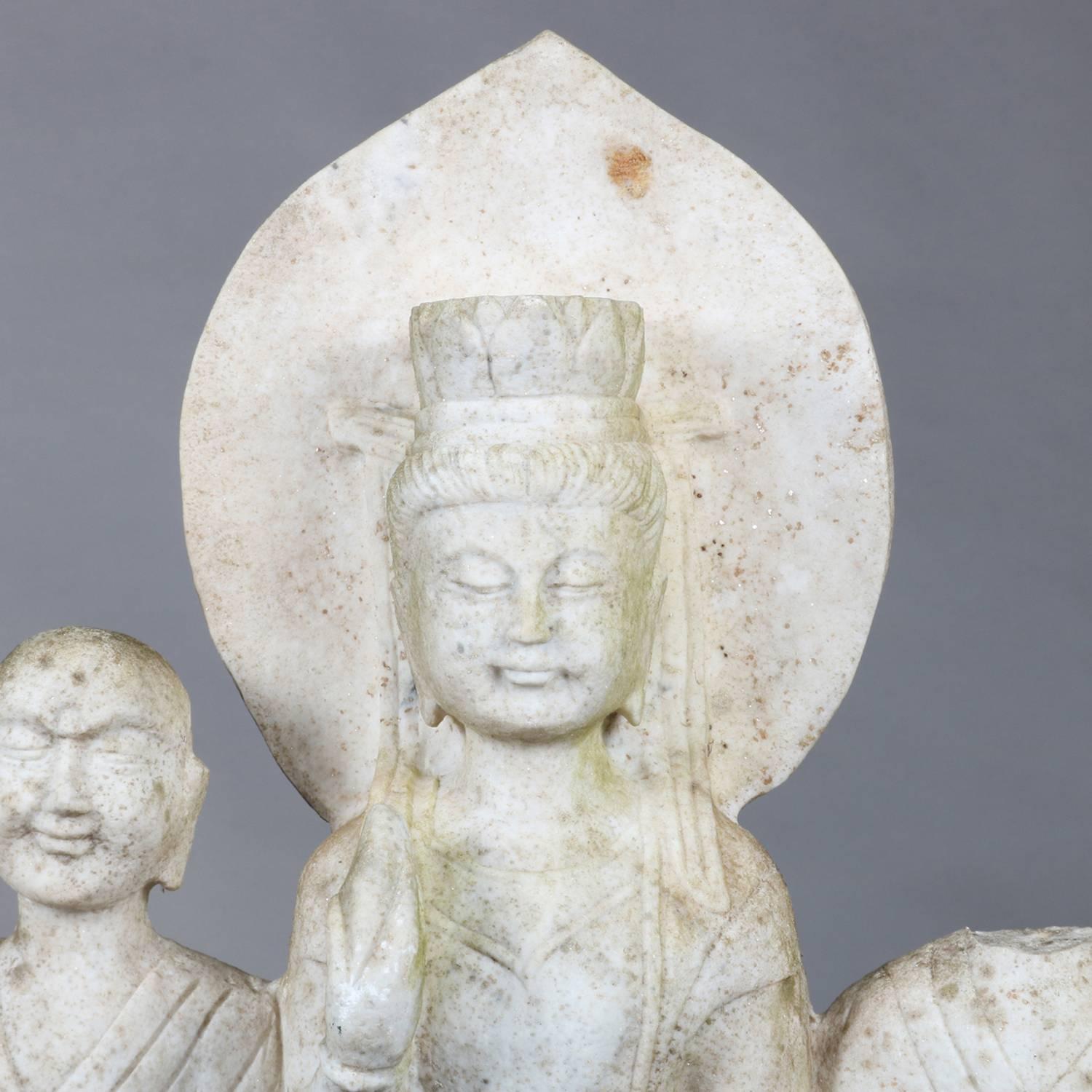 Tibetan Antique Asian Hand-Carved Figural Marble Sculpture of Three Standing Buddhas