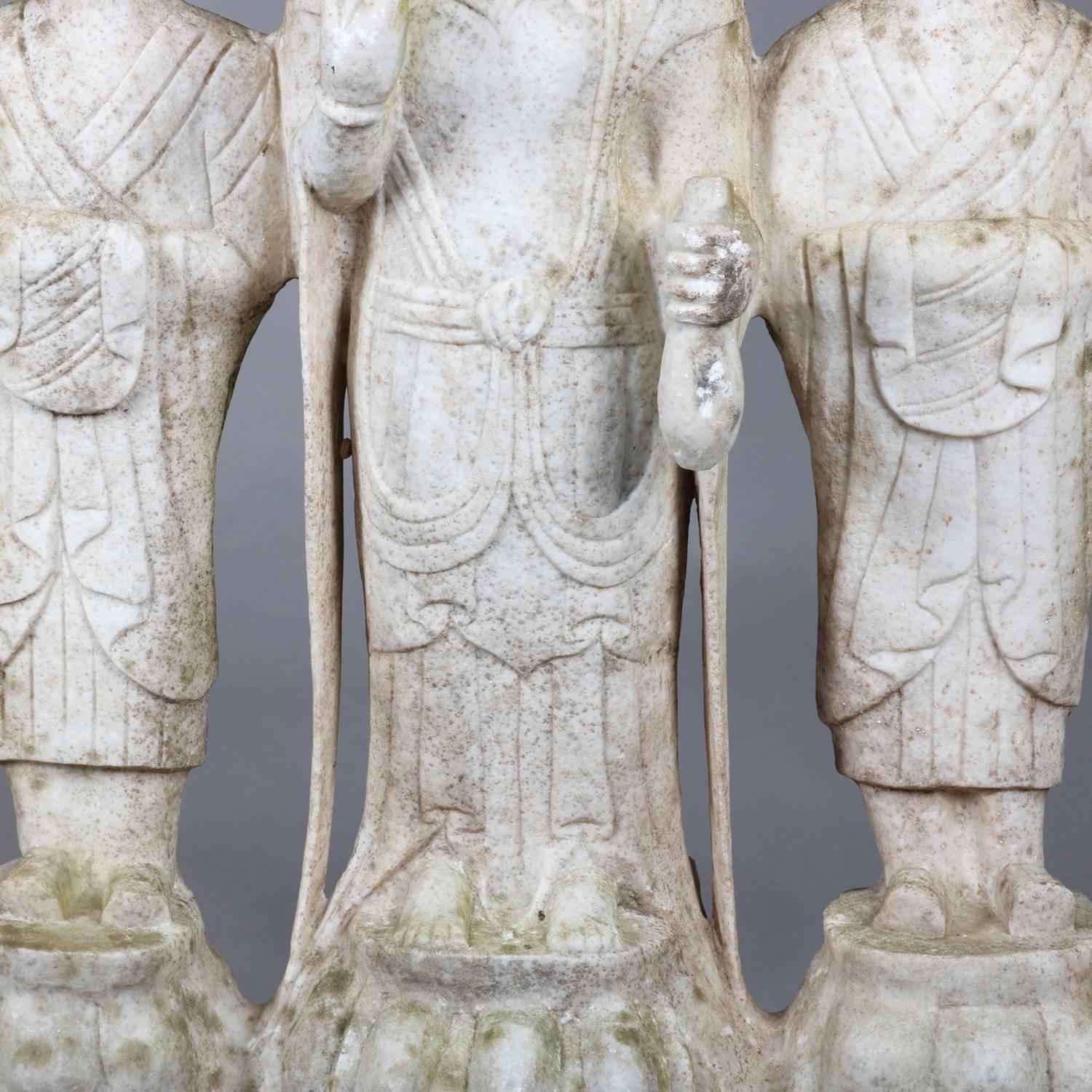 Antique Asian Hand-Carved Figural Marble Sculpture of Three Standing Buddhas In Good Condition In Big Flats, NY