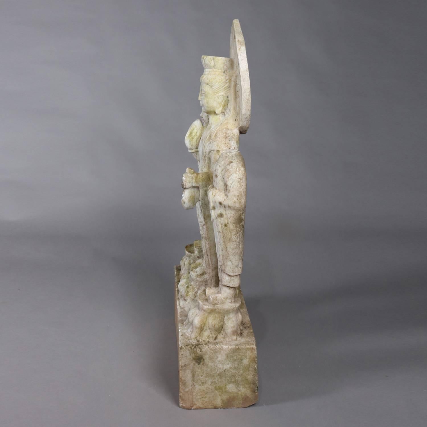 19th Century Antique Asian Hand-Carved Figural Marble Sculpture of Three Standing Buddhas