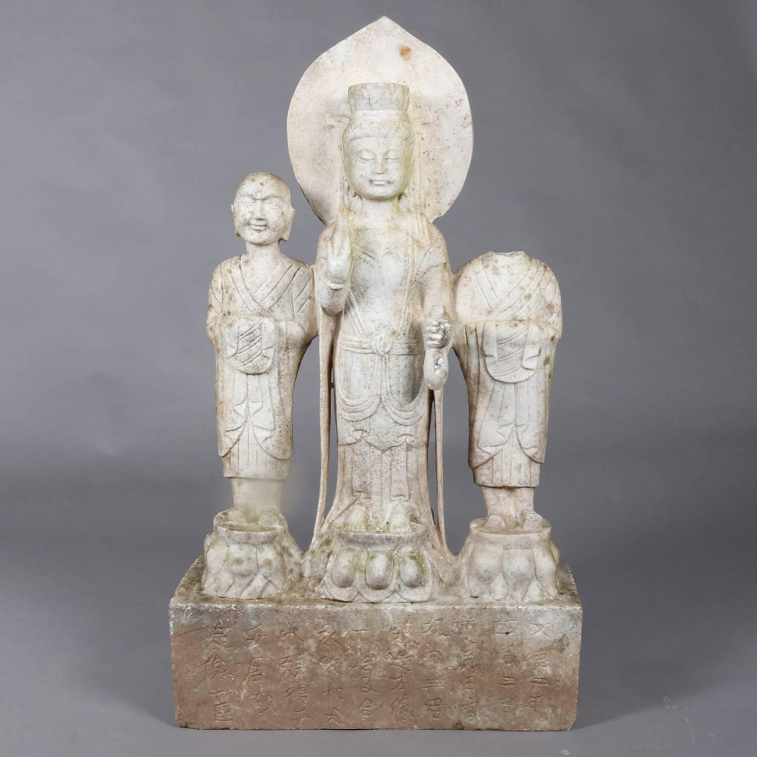 Antique Asian Hand-Carved Figural Marble Sculpture of Three Standing Buddhas 1