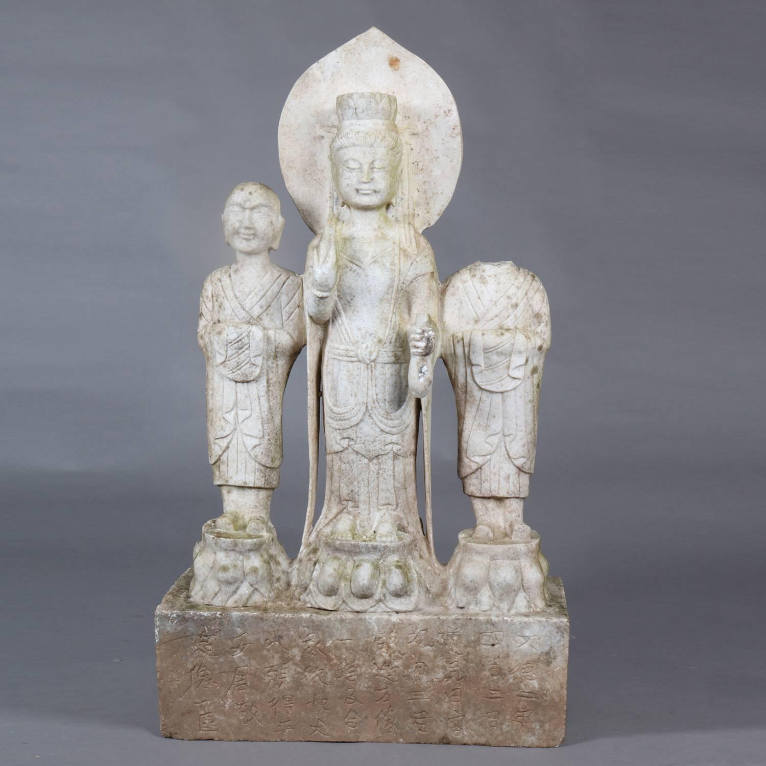 Antique Asian Hand-Carved Figural Marble Sculpture of Three Standing Buddhas 2