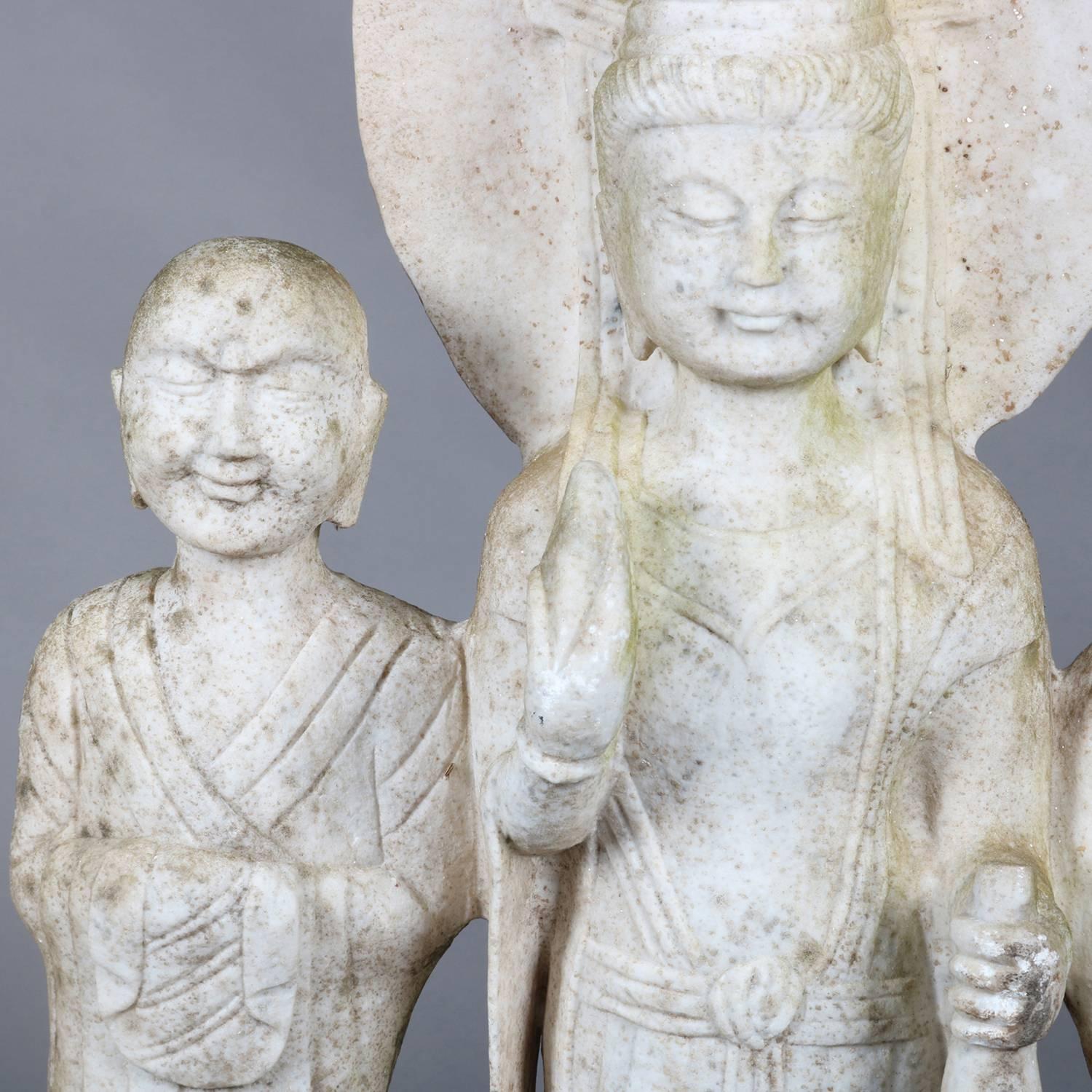 Antique Asian Hand-Carved Figural Marble Sculpture of Three Standing Buddhas 4