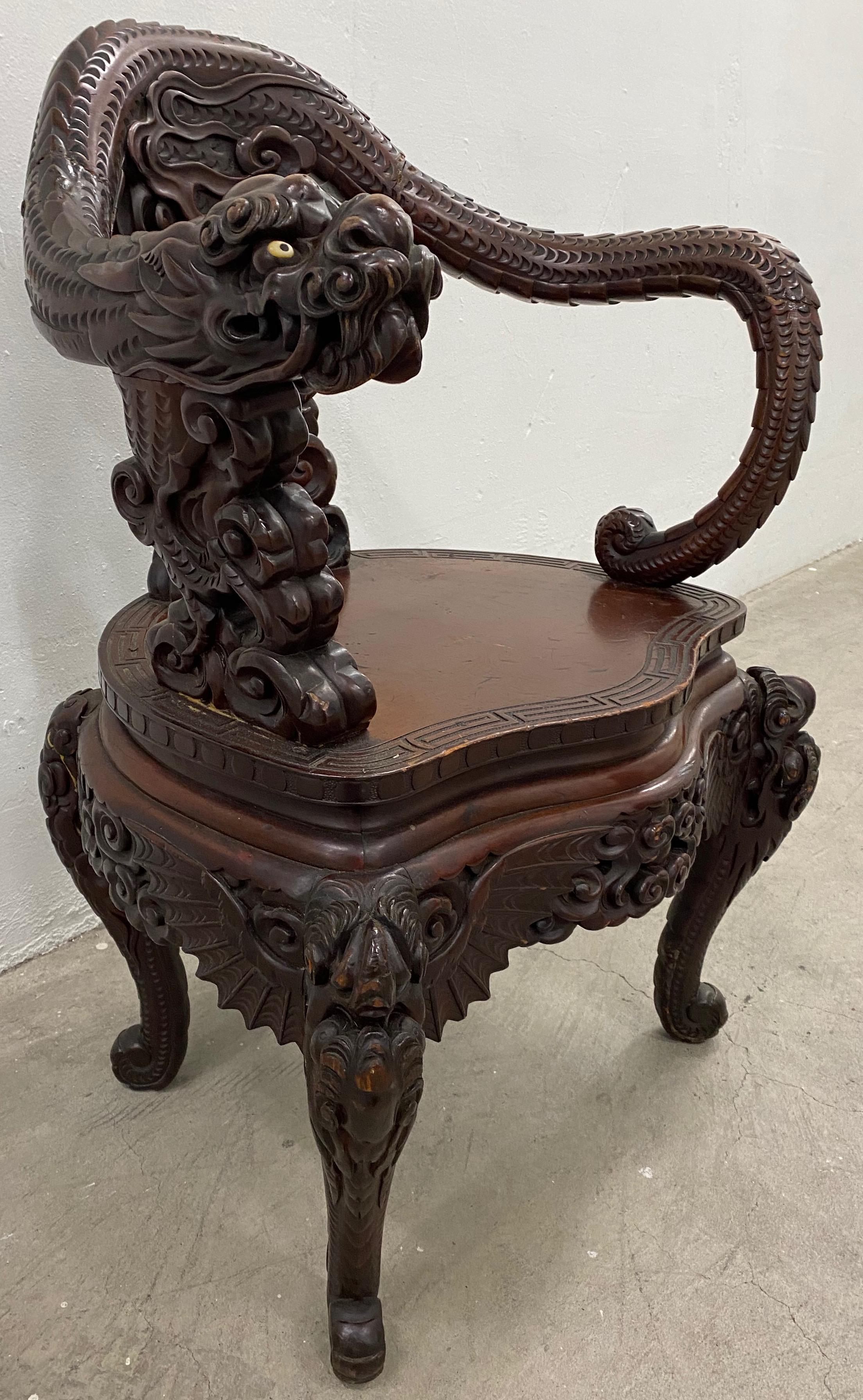 Antique Asian hand carved full body dragon armchair

Rare full body dragon arm / side chair carved by a talented cabinetmaker.

The chair has a rich patina that only comes with age.

Sitting in this chair your right arm will rest on the