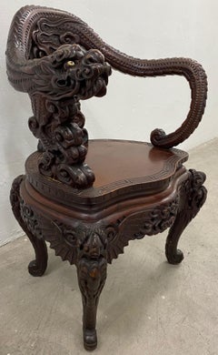 Antique Asian Hand Carved Full Body Dragon Armchair