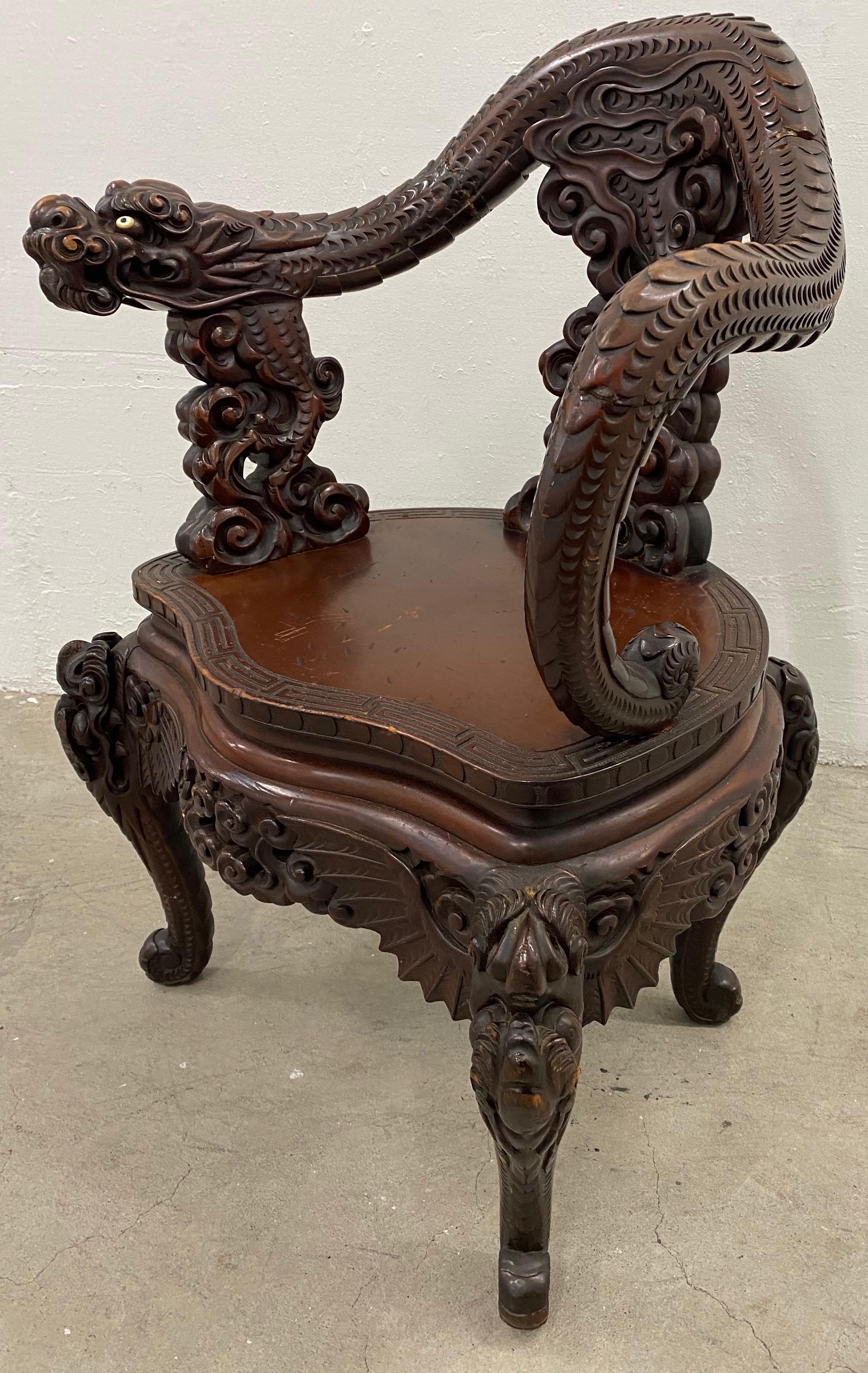 Japonisme Antique Asian Hand Carved Full Body Dragon Armchair