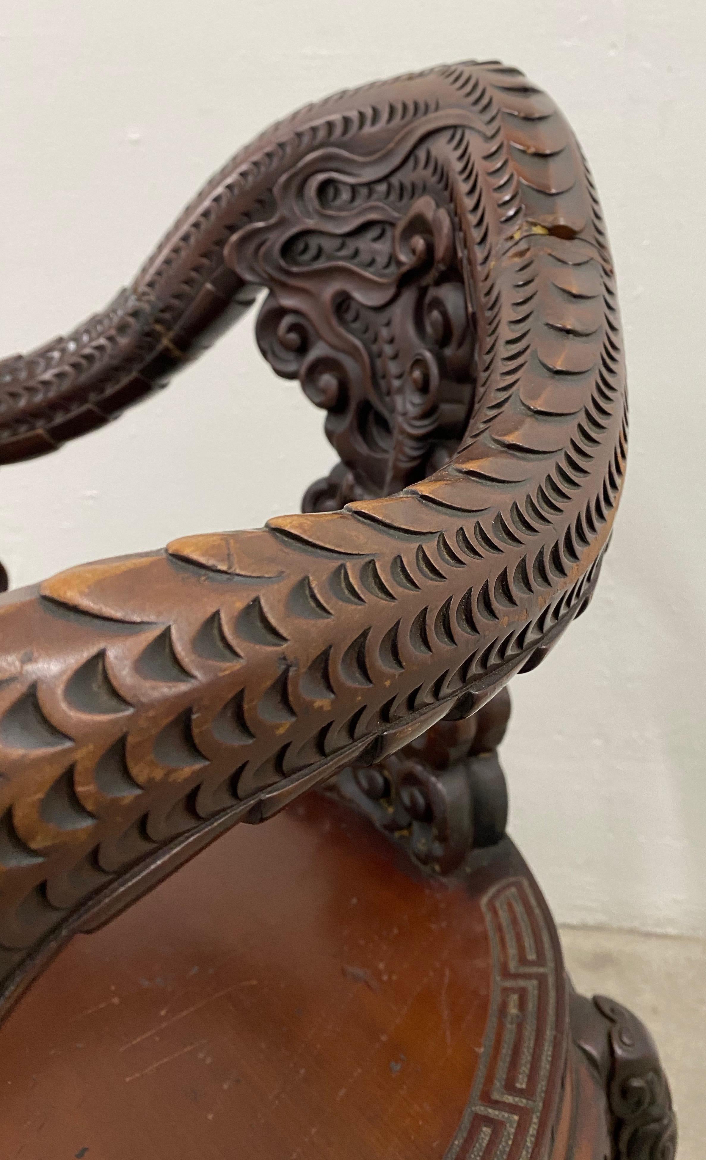 Hand-Carved Antique Asian Hand Carved Full Body Dragon Armchair