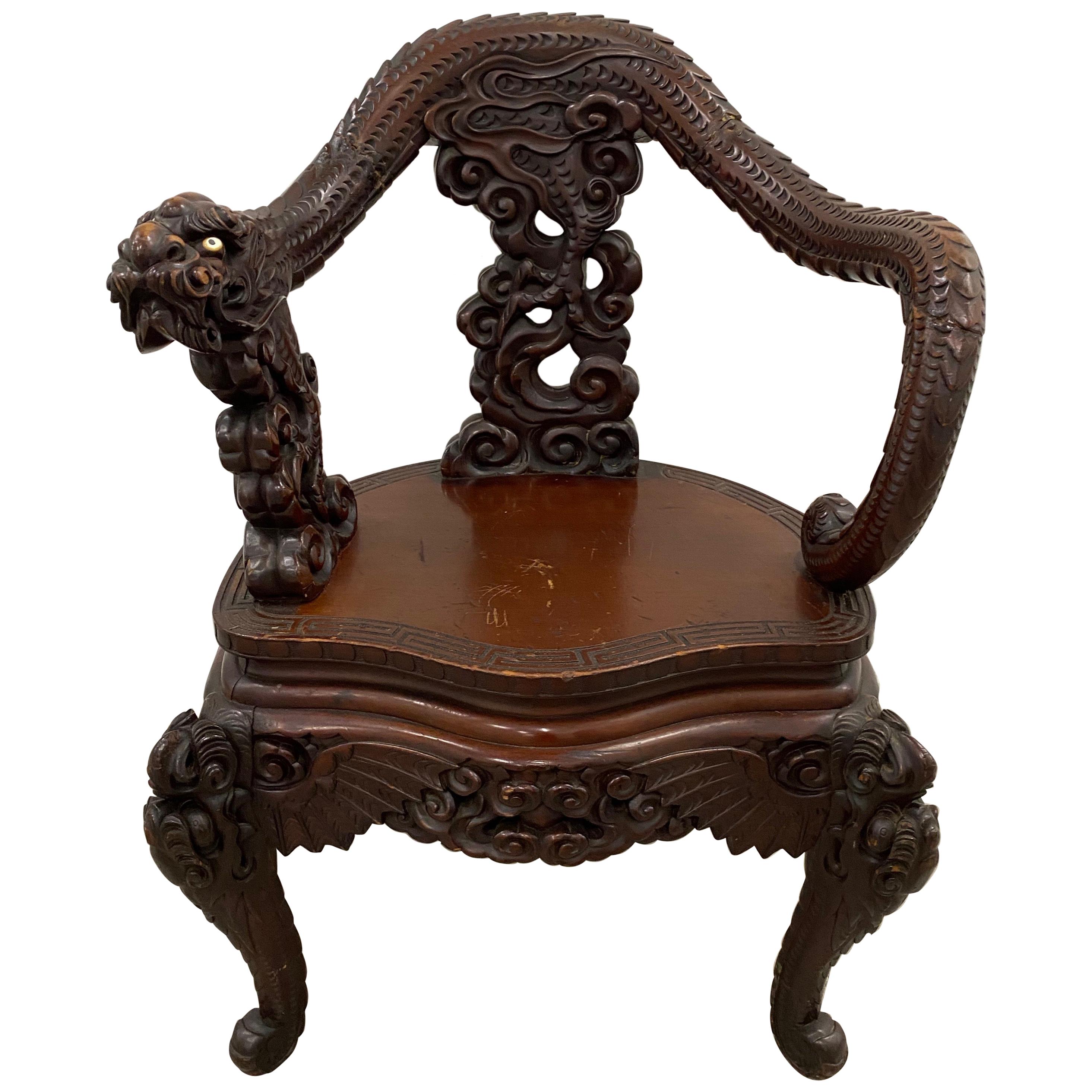 Antique Asian Hand Carved Full Body Dragon Armchair