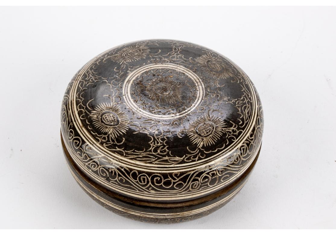 Ming Antique Asian Incised and Glazed Clay Covered Bowl or Incense Box For Sale