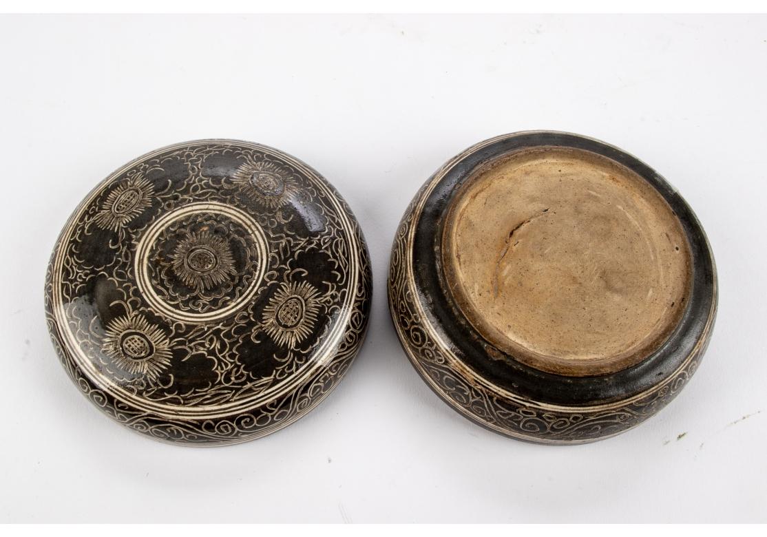 Hand-Painted Antique Asian Incised and Glazed Clay Covered Bowl or Incense Box For Sale