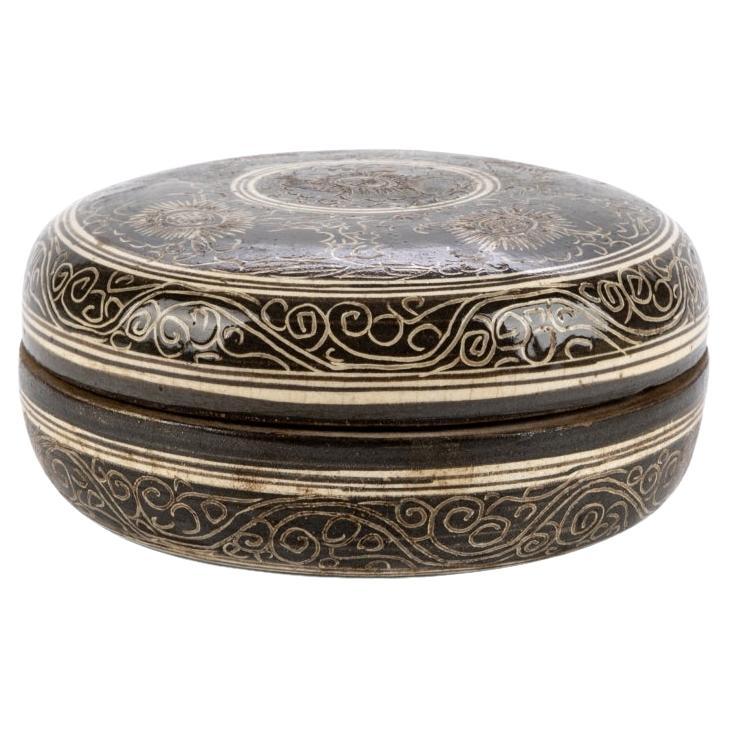 Antique Asian Incised and Glazed Clay Covered Bowl or Incense Box For Sale