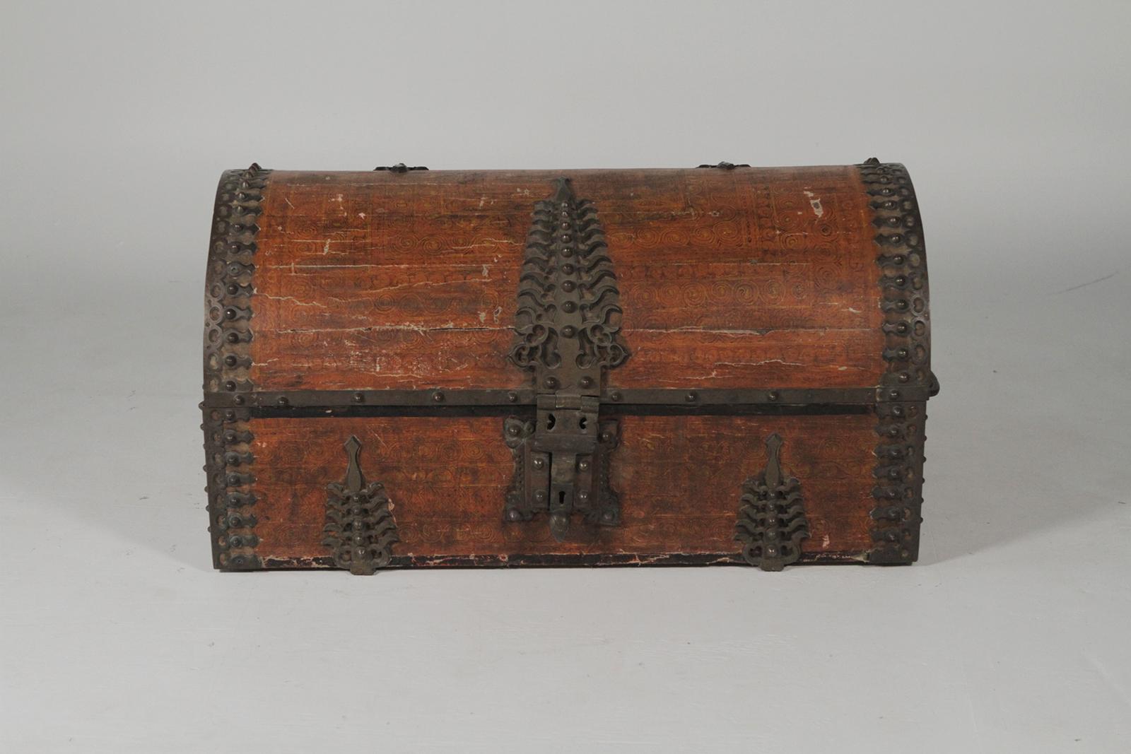 Antique Asian Indian brass clad dowry chest, circa 1880 made in India, appropriate wear throughout minor losses to fabric, interior stains, later silk interior, no key.